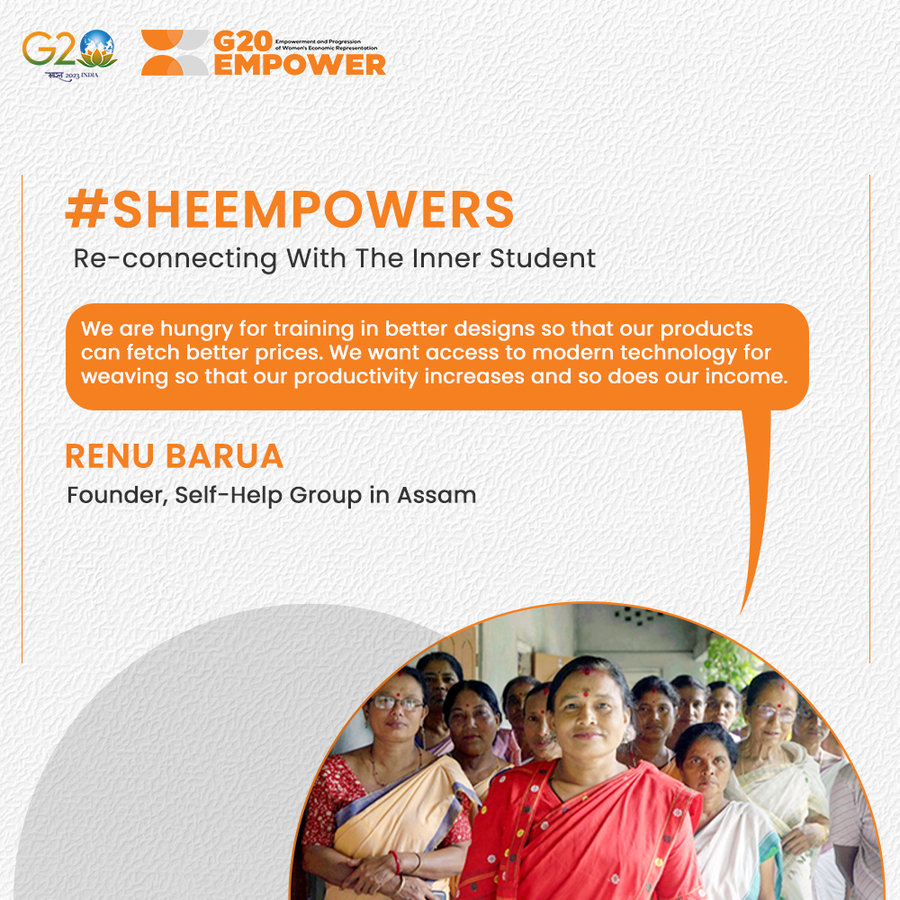 #SheEmpowers 💪💪: Renu Barua from Assam started from a single handloom machine and has expanded her SHG to have 10 looms. Her resilience in pursuing a dream is an inspiration to many entrepreneurs.

Watch this space for more such stories! 🌟🪡👩‍🏫👭 #G20EMPOWER #iEMPOWER #G20India
