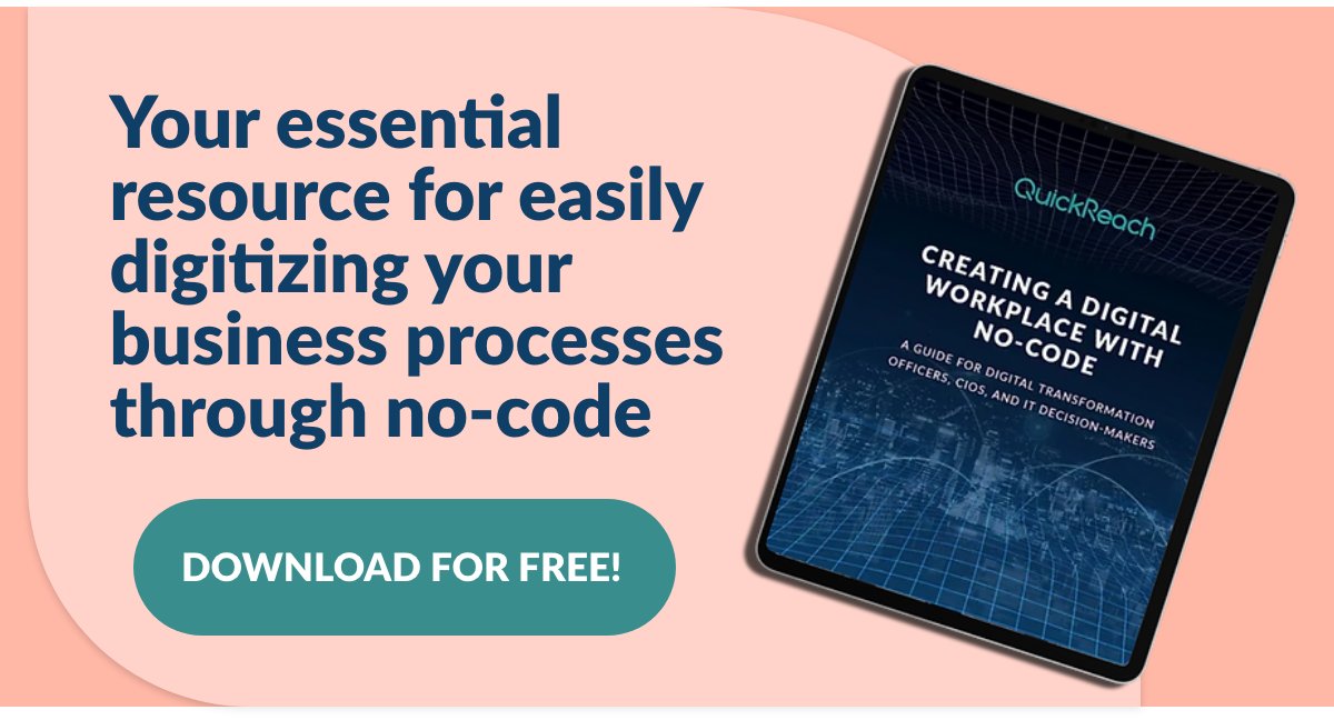 Get a copy of our latest FREE ebook, "Creating a Digital Workplace with #NoCode" and explore how you can quickly streamline your operations, embrace #digitaltransformation, and propel your business forward with zero coding!💡📚

DOWNLOAD HERE ➡️quickreach.co/creating-a-dig…