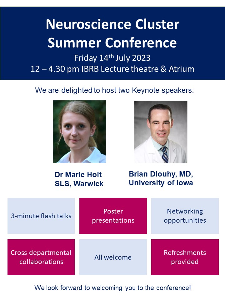 SLS.Neuroscience.IBR1 (@slsneurosci) on Twitter photo Our Neuroscience Cluster Summer conference is on 14th July Friday, 12-4.30pm, IBRB
Dr Marie Holt (SLS) and Dr Brian Dlouhy (Uni of Iowa) will be our keynote speakers followed with 3-minute flash talks, posters and networking session
<a href="/WarwickLifeSci/">Life Sciences</a>
<a href="/warwicknewsroom/">Warwick Newsroom</a>
<a href="/SocSls/">Life and Medical School_postdoc_soc</a> Our Neuroscience Cluster Summer conference is on 14th July Friday, 12-4.30pm, IBRB
Dr Marie Holt (SLS) and Dr Brian Dlouhy (Uni of Iowa) will be our keynote speakers followed with 3-minute flash talks, posters and networking session
<a href="/WarwickLifeSci/">Life Sciences</a>
<a href="/warwicknewsroom/">Warwick Newsroom</a>
<a href="/SocSls/">Life and Medical School_postdoc_soc</a>