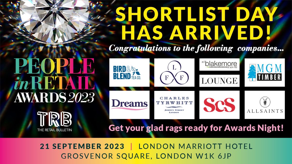 📣 Drumroll, please! 🥁 We're thrilled to announce the shortlisters for the highly anticipated 2023 People in Retail Awards! 🏆🎉#PiRA23

@BirdandBlendTea @LookFabForever @AF_Blakemore @loungeunderwear @MGMTimber @Dreams_Beds @ctshirts @AllSaintsLive @scssofas