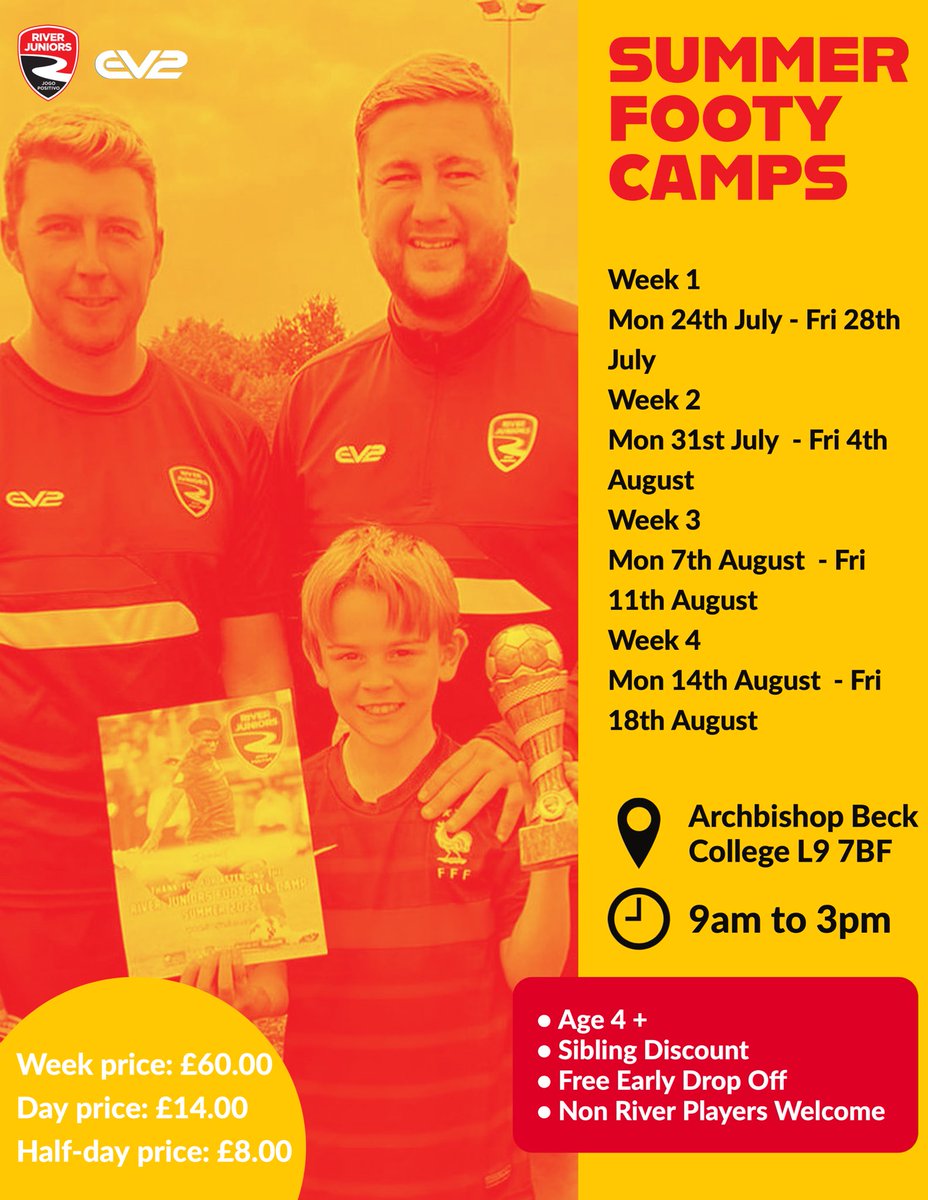 ☀️Football Camps! 🌟 🔸 Week 1: Mon 24th July - Fri 28th July 🔸 Week 2: Mon 31st July - Fri 4th August 🔸 Week 3: Mon 7th August - Fri 11th August 🔸 Week 4: Mon 14th August - Fri 18th August 📍 Location: Archbishop Beck College, L9 7BF river-juniors.classforkids.io/camp/13