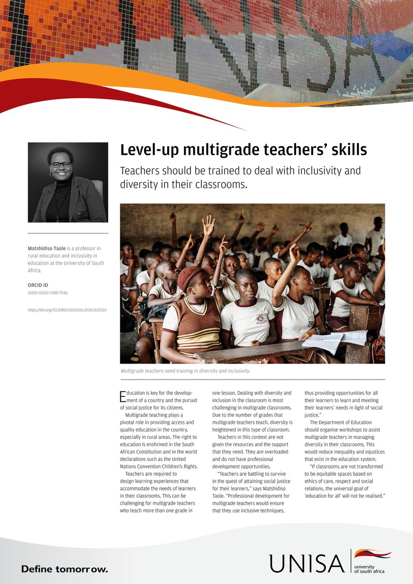 UnisaRandI's tweet image. &quot;Multigrade teaching plays a pivotal role in providing access and quality education in the country, especially in rural areas,&quot; says Prof Matshidiso Taole, @Unisa&apos;s scholar in rural education and inclusivity in education.

ORCID ID: orcid.org/0000-0002-1398… 

#theArtofResearch