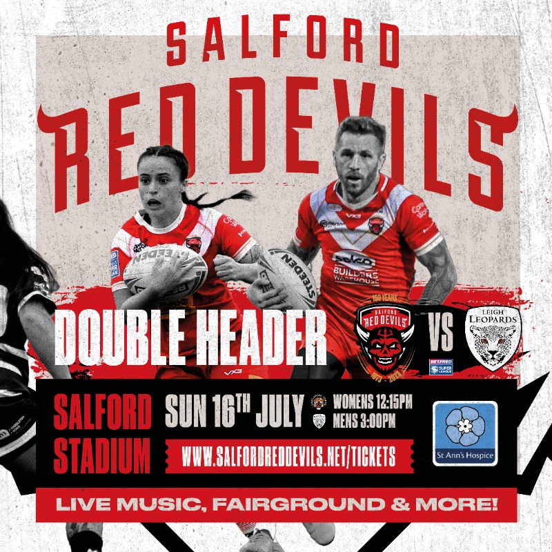 SalfordDevils's tweet photo. It's shaping up to be an 𝙐𝙉𝙈𝙄𝙎𝙎𝘼𝘽𝙇𝙀 double-header tomorrow for our @StAnnsHospice Takeover Day!

🎸 Live music!
🥳 Funfair!
🎨 Face-painting!
🐆 1700+ travelling Leopards!

Be the difference for our Red Devils, join us tomorrow and bring the noise! 👇