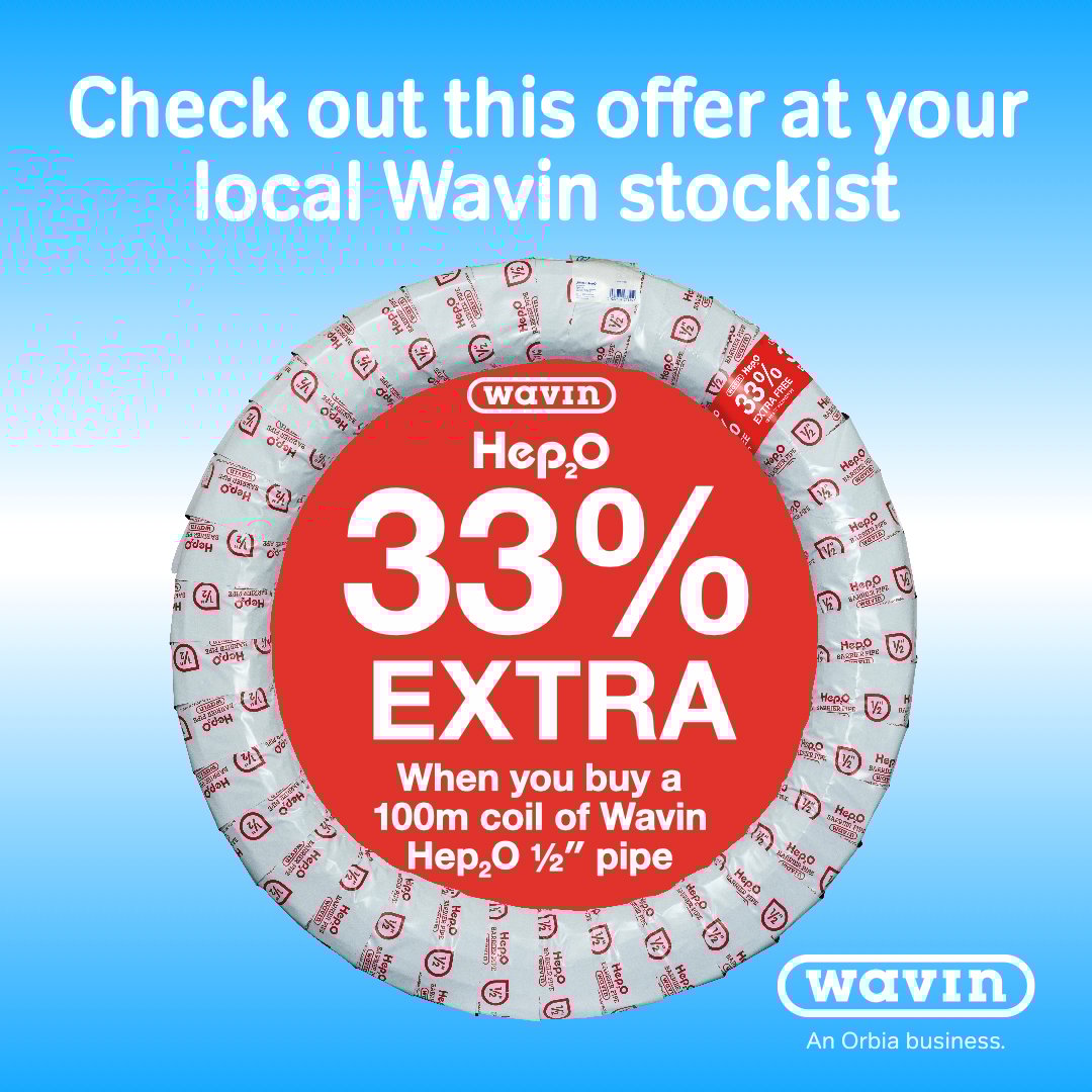 Don't miss out on your opportunity to get an extra 33% FREE Hep2O pipe when you purchase a 100m coil of Wavin Hep2O 1/2" pipe. Available whilst stocks last. 

Find your nearest participating merchant on our stockist locator here: