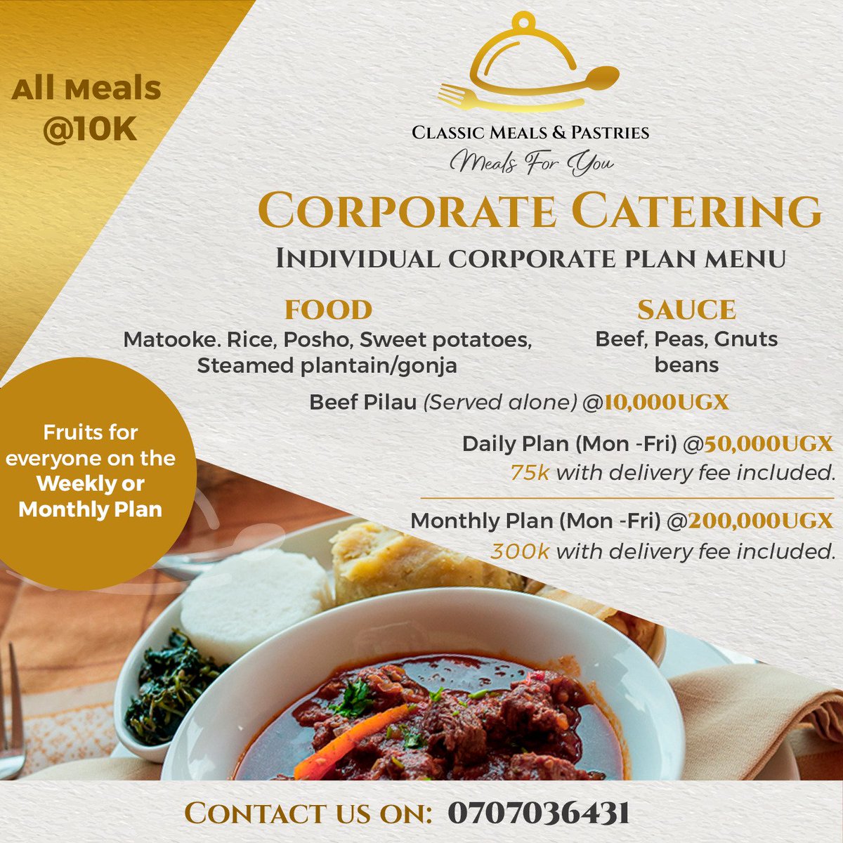 classicmeals's tweet photo. Did you know that with Classic meals and pastries you can have lunch delivered to you everyday for a month at only 200,000ugshs?
Reach out to us on 0707036431 to get on our meal plans.
It's restful not to worry about your meals.
#mealsforyou https://t.co/9rEUz9Oju8