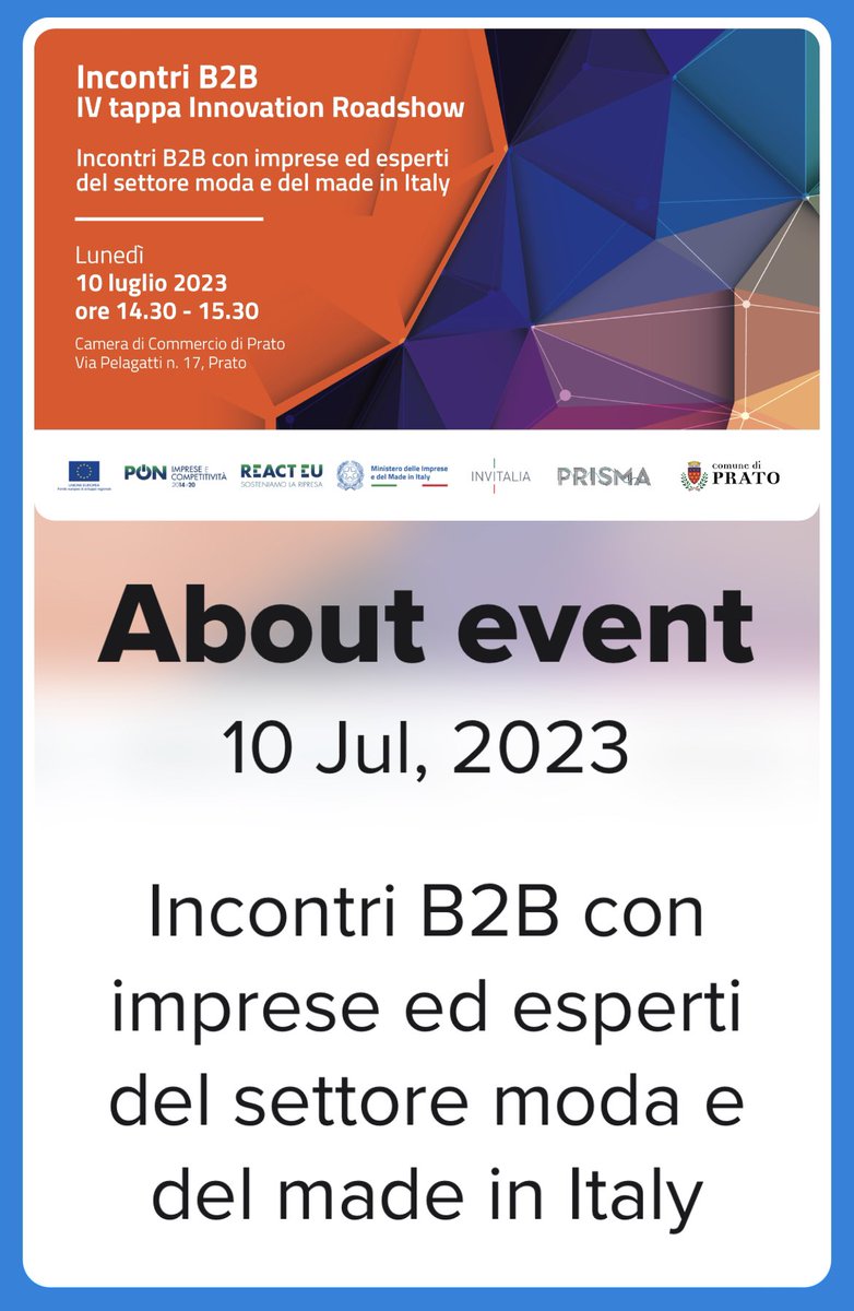 IV tappa Innovation Roadshow con le #CasedelleTecnologie Emergenti del <a href="/mimit_gov/">MIMIT</a>, a Prato per parlare di trend opportunità e visioni del settore tessile e fashion 

Dalle 14.30 noi esperti di <a href="/Invitalia/">Invitalia</a> vi aspettiamo per trovare l’incentivo per i vs progetti!