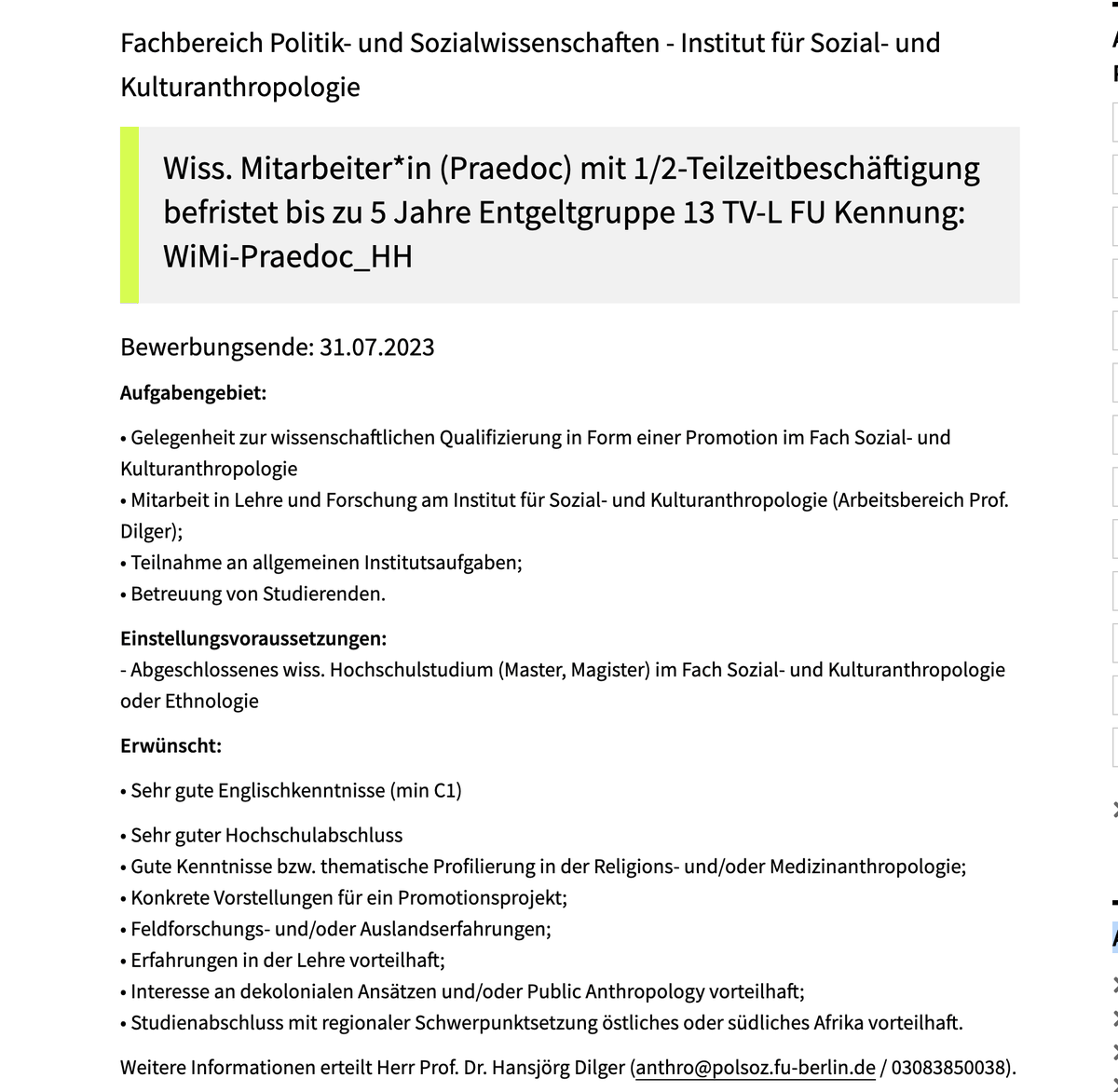 Hansjörg Dilger (@hdilger.bsky.social) (@h_dilger) on Twitter photo In meinem Arbeitsbereich <a href="/FU_Berlin/">Freie Universität</a> suche ich ab 1.10. eine*n Wissenschaftliche*n Mitarbeiter*in (Praedoc) mit thematischer Profilierung in der Religions- und/oder Medizinanthropologie! Ich freue mich auf Bewerbungen bis 31.07.: fu-berlin.de/universitaet/b…
<a href="/fid_evifa/">FID Sozial- & Kulturanthropologie | EVIFA</a> <a href="/medethnoblog/">Medizinethnologie</a> In meinem Arbeitsbereich <a href="/FU_Berlin/">Freie Universität</a> suche ich ab 1.10. eine*n Wissenschaftliche*n Mitarbeiter*in (Praedoc) mit thematischer Profilierung in der Religions- und/oder Medizinanthropologie! Ich freue mich auf Bewerbungen bis 31.07.: fu-berlin.de/universitaet/b…
<a href="/fid_evifa/">FID Sozial- & Kulturanthropologie | EVIFA</a> <a href="/medethnoblog/">Medizinethnologie</a>