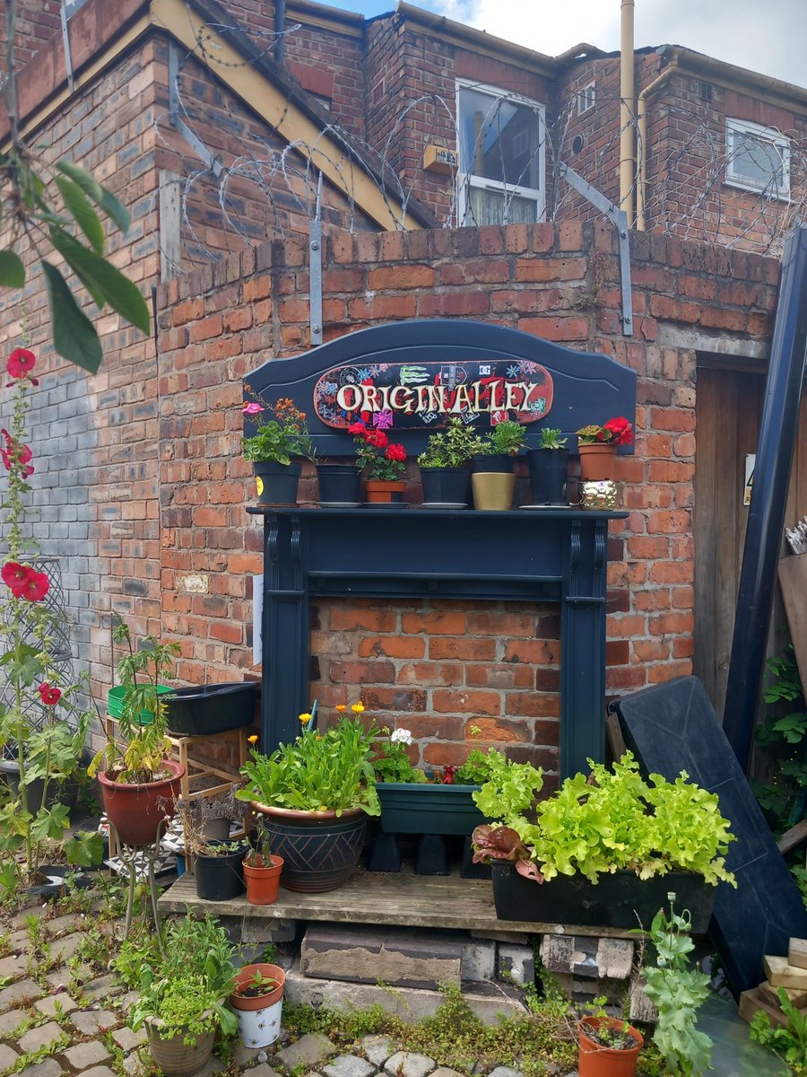 UppingIt's tweet image. Neighbour upcycles dumped skateboard and fireplace to create, welcoming, beautiful striking entrance to Moss Side alley. Above is looping,dancing swirls of barbed steel, handiwork of the student  landlord.  Teamwork.