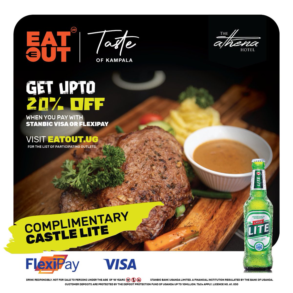 The #TasteofKampala is here to take away your #Mondayblues ! Pay with Stanbic Bank Flexipay &amp; get up to 20% off your meal and a complimentary castle lite from <a href="/athenahotelug/">The Athena Hotel Uganda</a>