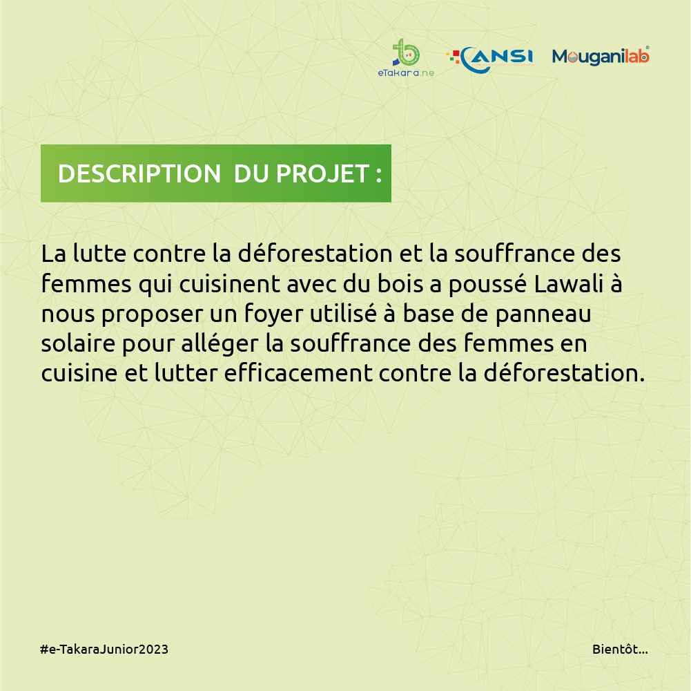 eTakaraJunior's tweet photo. Pour lutter contre la déforestation et soulager les femmes de la cuisine à base de bois,Lawali nous propose d’utiliser son foyer à base de panneau solaire

Bientot E-Takara Junior 2023 https://t.co/RttWIkqik8