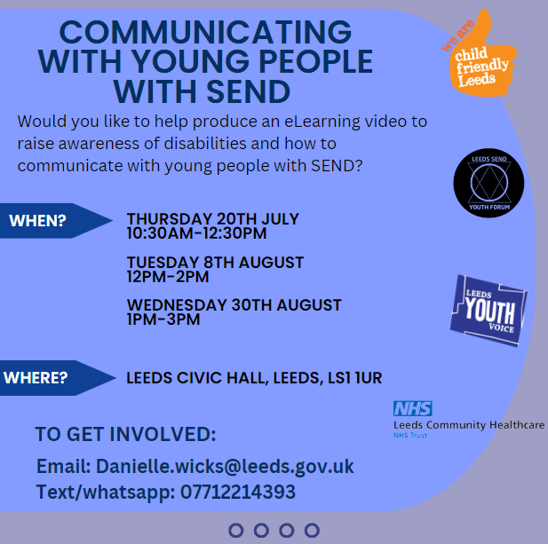 eandsleeds's tweet photo. The SEND Youth Forum are creating an eLearning video to raise awareness of disabilities and how to communicate with young people with SEND.

They are looking for people to help them! 

If you would like to take part, please email Danielle.wicks@leeds.gov.uk or text 07712 214393 https://t.co/ypMbW3umM6