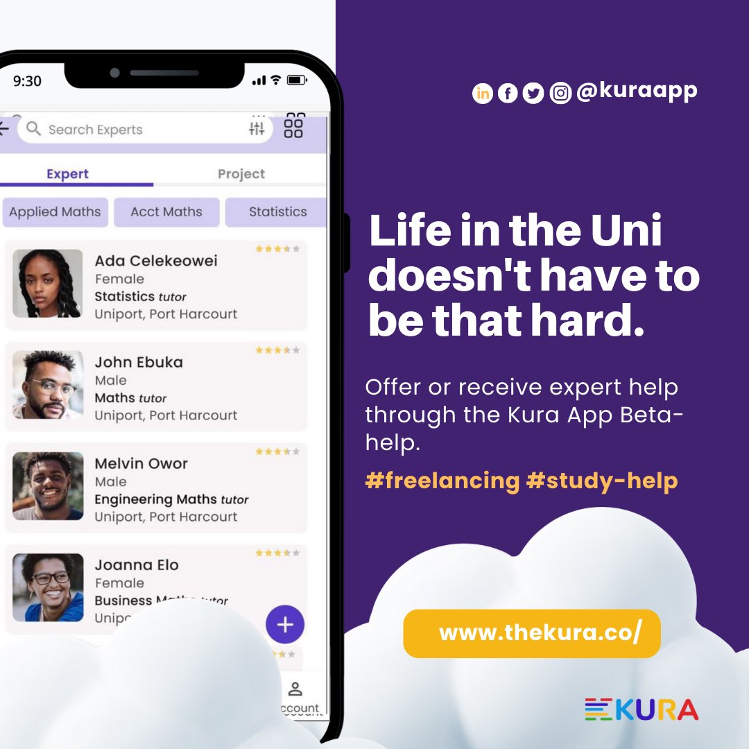 KuraApp's tweet photo. Looking for expert guidance or want to share your skills with others? Get ready for Kura App's groundbreaking feature, Beta-Help! đ
#ProfessionalServices #Freelancing #SkillSharing #Collaboration #SuccessJourney #ComingSoon #UniversityLife #BetaHelp #NigerianStudents https://t.co/teEzi32Fbs