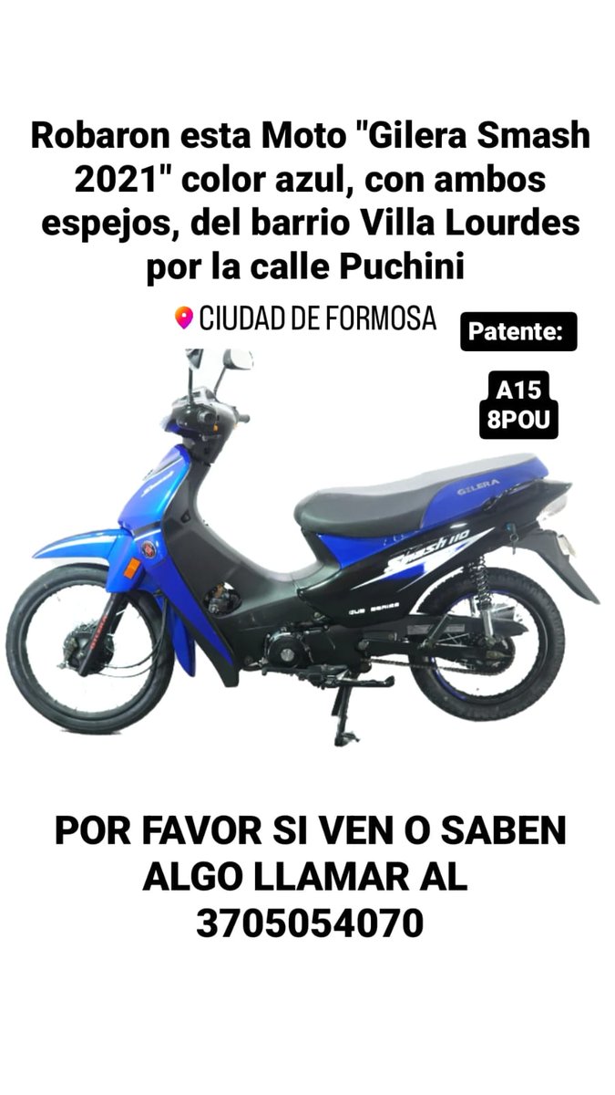 No me pone mal el perder la moto, me pone mal el esfuerzo que llevo conseguirla, siempre digo que todo vuelve pero a mí no me llega lo bueno nunca y lo mínimo que quiero es que me ayuden a compartir la 2da moto que nos roban Por Favor haber si podemos encontrarla