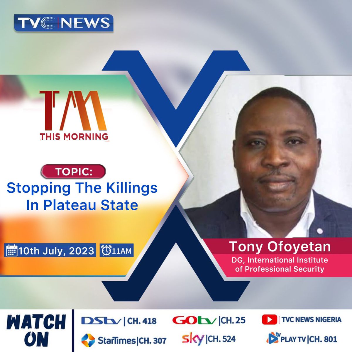 Hi professionals,
The DG-IIPS <a href="/tonyofoyetan/">tony ofoyetan</a> will be live at TVC <a href="/tvcnewsng/">TVC News</a> by 11am today 10th July, 2023.
Stay tune to the channel has he will be speaking on "Stopping the Killins in Plateau State"...
