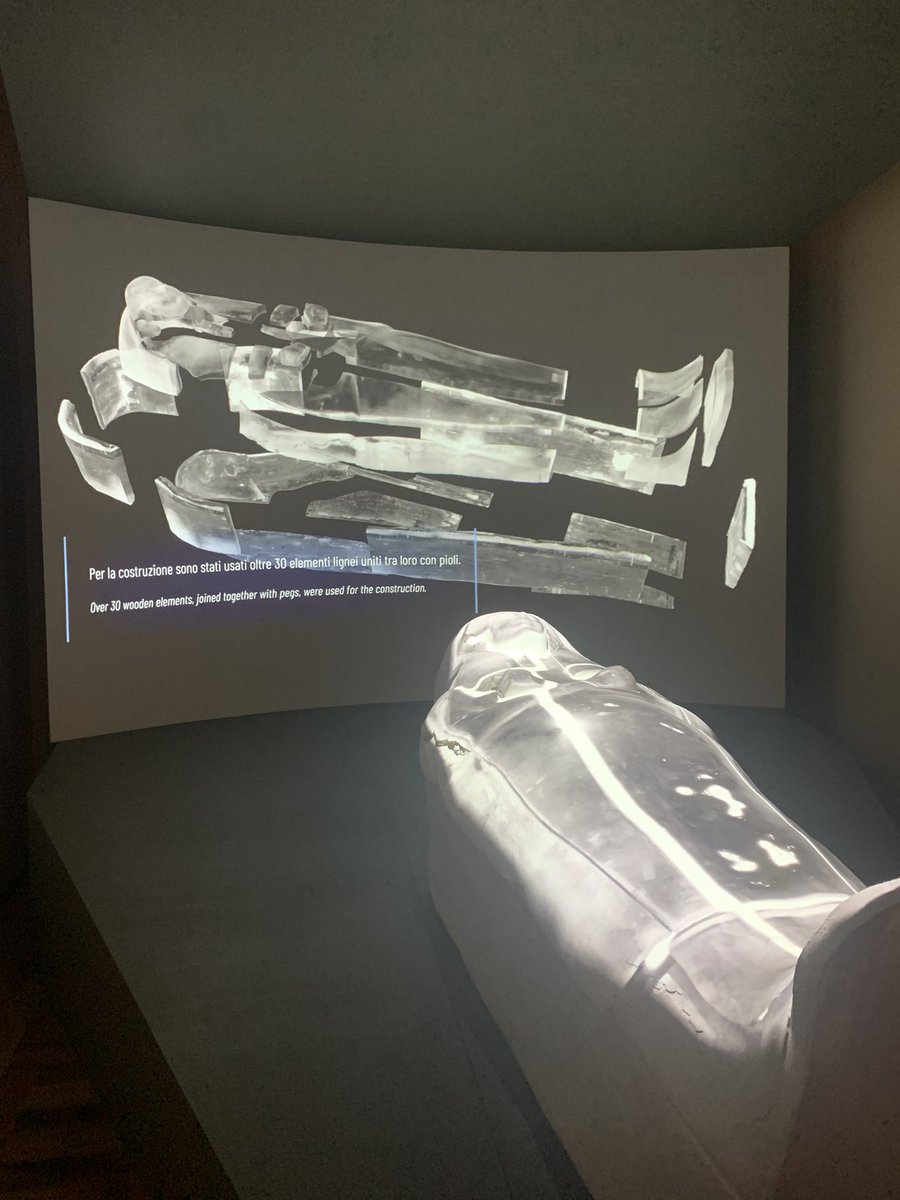 archaeocarrie's tweet photo. So glad this has become part of the permanent exhibit! A 3D printed coffin of Butehamon, with a screen and decoration projected back on the facsimile. Great way to show construction and decoration details!! @MuseoEgizio #Archaeology #Egyptology https://t.co/HeZnjTMJZg