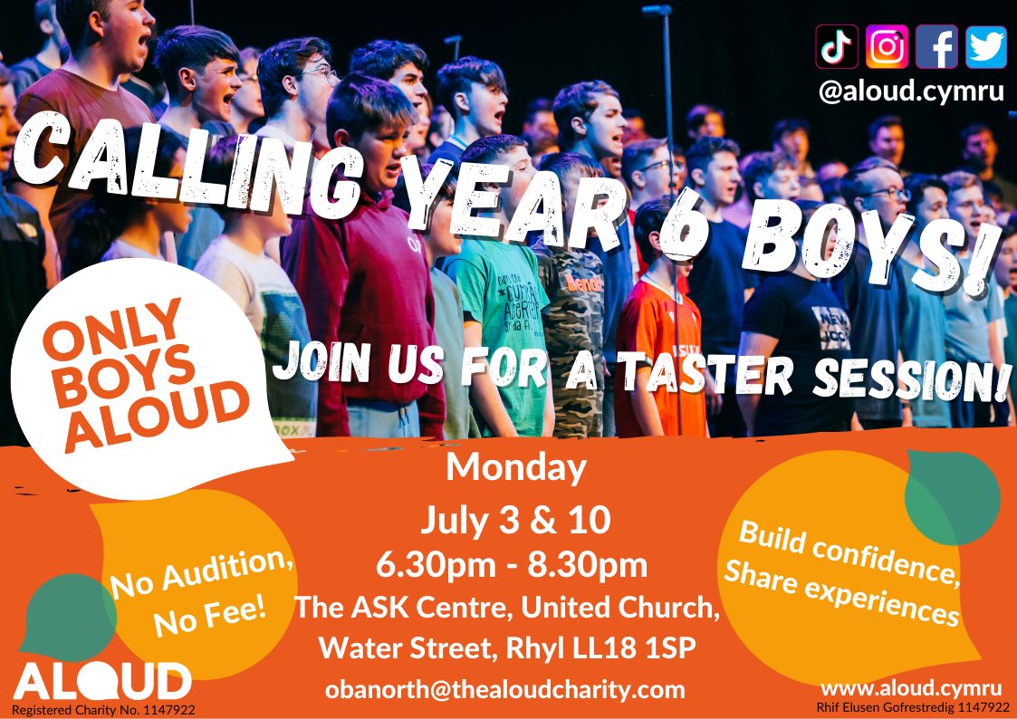 Calling year 6 boys from <a href="/ysgolycastell/">Ysgol y Castell</a> <a href="/YsgolCC/">Ysgol Christchurch</a> <a href="/YsgolEmmanuel/">Ysgol Emmanuel</a> <a href="/esgobmorgan/">Ysgol Esgob Morgan</a> @YsgolDewiSant <a href="/YYllys/">Ysgol Y Llys</a> <a href="/YFaenol/">Ysgol Y Faenol</a> <a href="/ysgolbrynhedydd/">Ysgol Bryn Hedydd</a> <a href="/Ysgol_Llywelyn/">Ysgol Llywelyn</a> <a href="/CTWCSRhyl/">Ysgol Gatholig Crist y Gair</a> <a href="/YsgolHiraddug/">Ysgol Hiraddug</a> <a href="/ysgolmelyd/">ysgolmelyd</a> <a href="/YsgolPenmorfa/">Ysgol Penmorfa</a> <a href="/ysgolclawddoffa/">Ysgol Clawdd Offa</a> <a href="/ysgolbodnant/">Ysgol Bodnant</a> . FREE <a href="/onlyboysaloud/">Only Boys Aloud</a> TASTER TONIGHT !