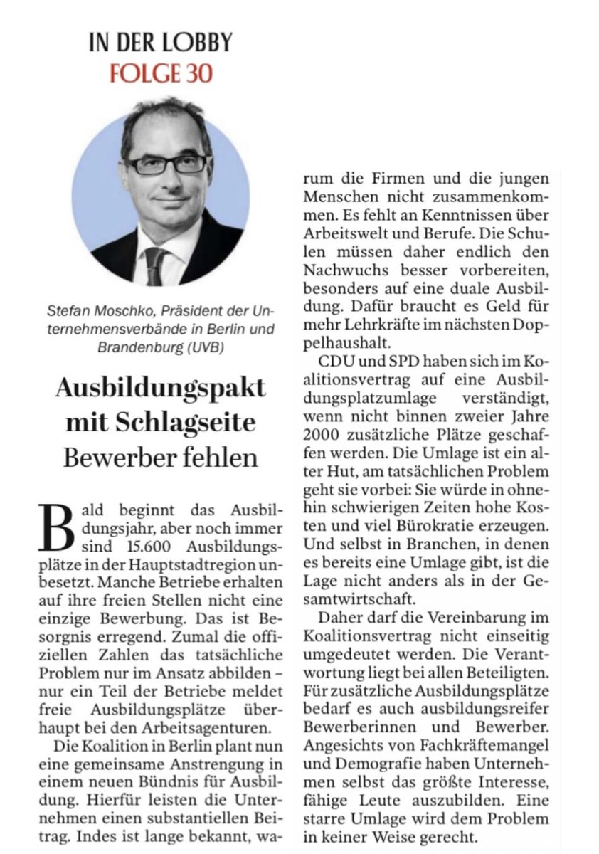Die Unternehmen in #Berlin setzen auf die #Ausbildung. Doch eine #Ausbildungsplatzabgabe braucht kein Mensch - sie geht am Problem vorbei, schreibt UVB-Präsident ⁦<a href="/stefanmoschko/">moschkostefan</a>⁩ heute im ⁦<a href="/Tagesspiegel/">Tagesspiegel</a>⁩ . 
👉Mehr hier: tagesspiegel.de/berlin/berline…