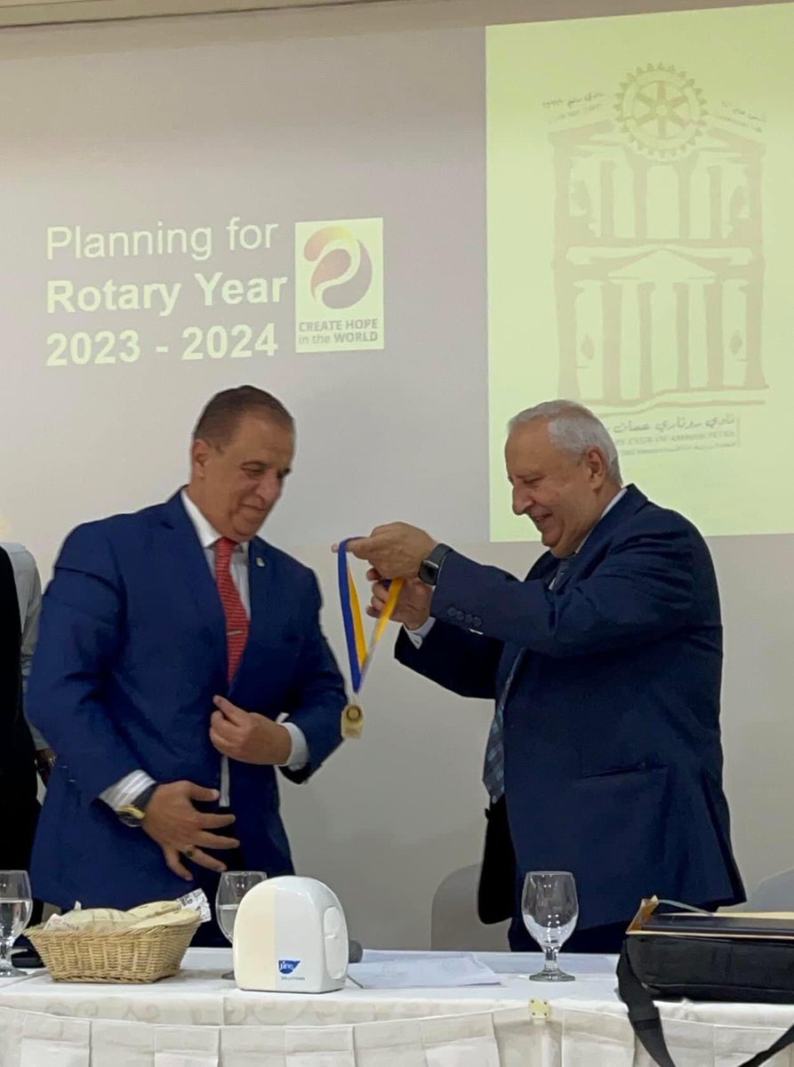 RCAmmanPetra's tweet photo. Rotary Club of Amman Petra held its handover ceremony on Monday July 3, 2023. Thank you PP Samir Theodory for a very successful year and we wish P Jamal Masadeh a successful year ahead. 
.
#createhopeintheworld #PeopleofAction @rotarydistrict2452 
@rotaryinternational https://t.co/1DuTC2i02i