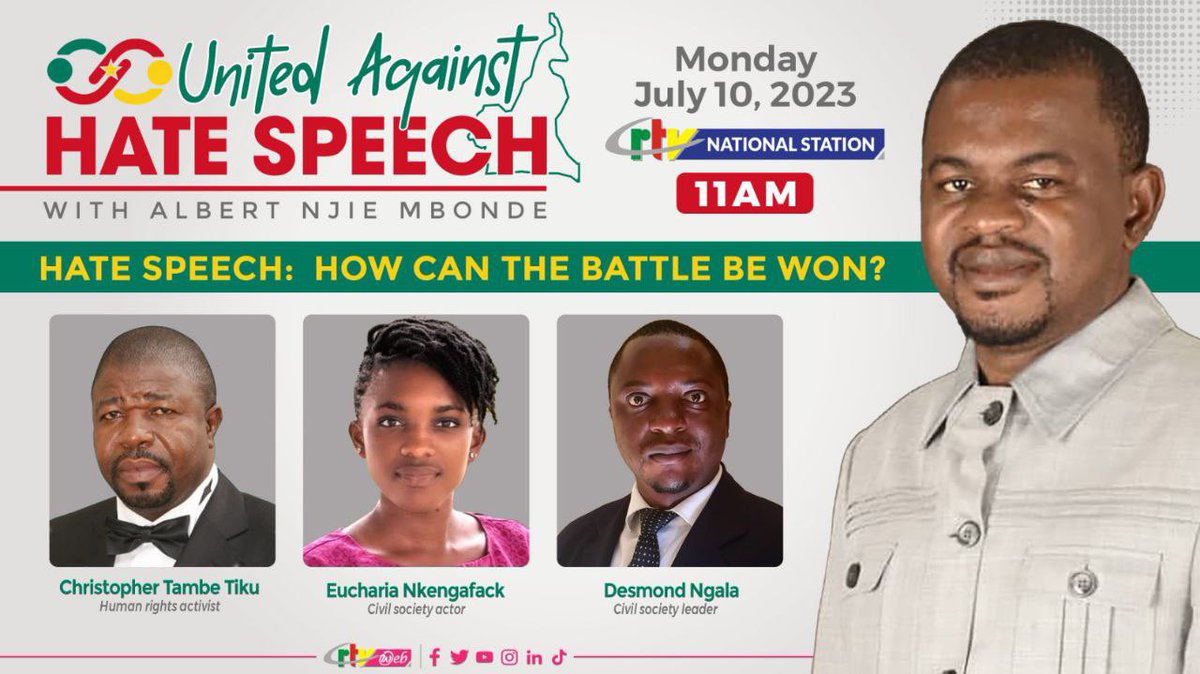 DefyhatenowWCA's tweet photo. United Against HateSpeech 

Join us live today on Crtv National Station at 11h as we discuss Hatespeech and ways to counter it for a #HateFreeCameroon. 

Host: Njie Mbonde Albert 

#Media4Peace 
#defyhatenow  
#NoToHate https://t.co/RIdQIjprHT