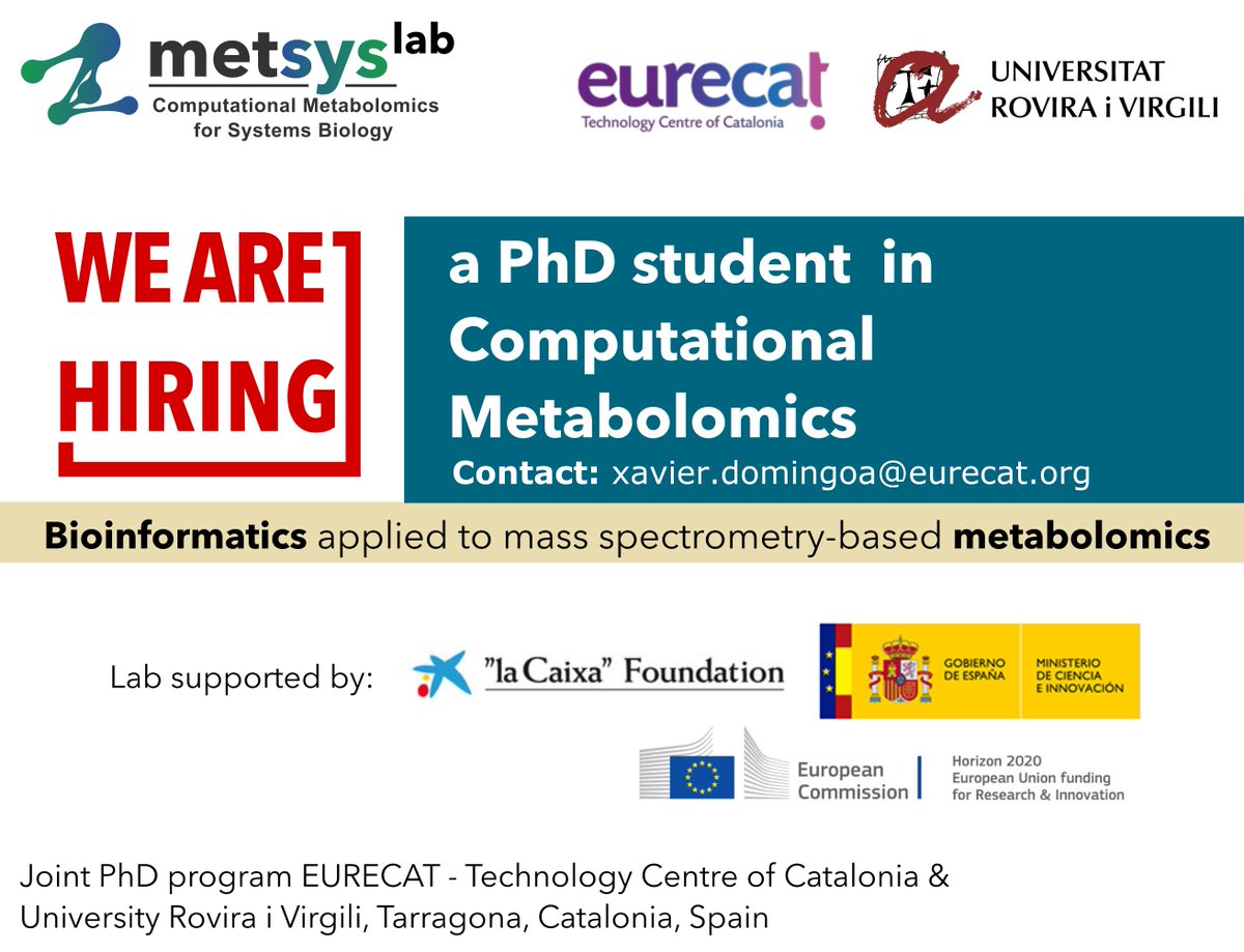 Please RT! I'm looking for a PhD student. Join our lab to develop new bioinformatics tools for #metabolomics. More info: metsyslab.com/opening1.html
<a href="/Eurecat_news/">Eurecat</a>
<a href="/universitatURV/">Universitat Rovira i Virgili</a>