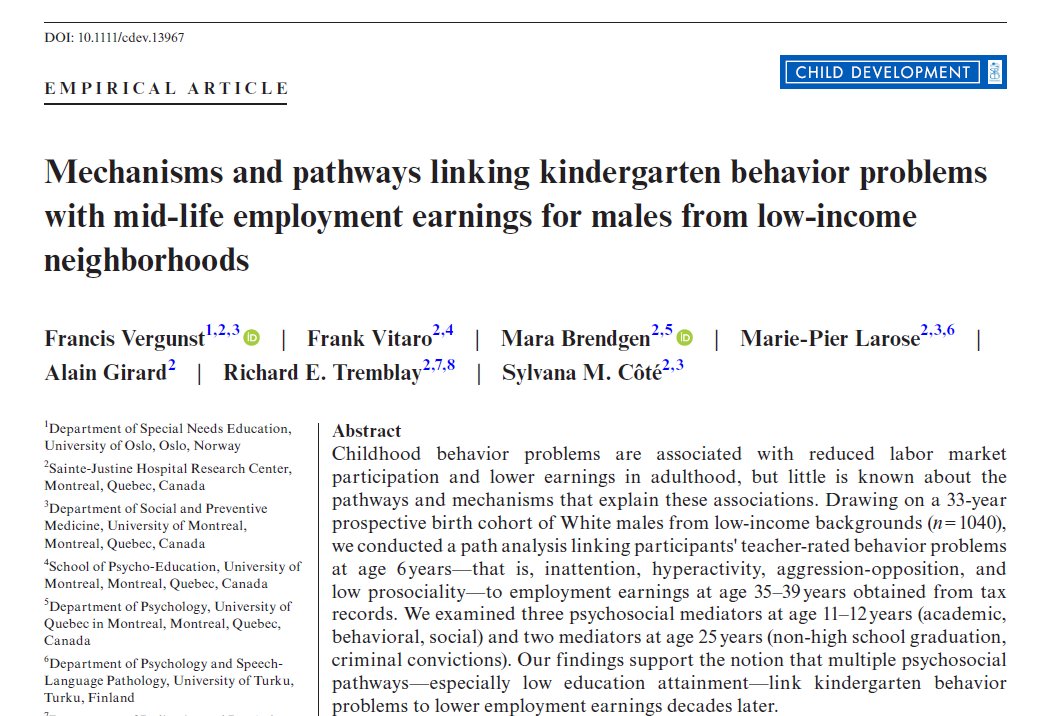 FVergunst's tweet photo. Our new paper in #ChildDevelopment examines pathways and mechanisms linking kindergarten behaviour problems to lower midlife employment earnings @SRCDtweets Special thanks to Frank Vitaro for such kind, generous and technically brilliant mentorship https://t.co/dM5tm8je5k https://t.co/tpDdrhyfsC