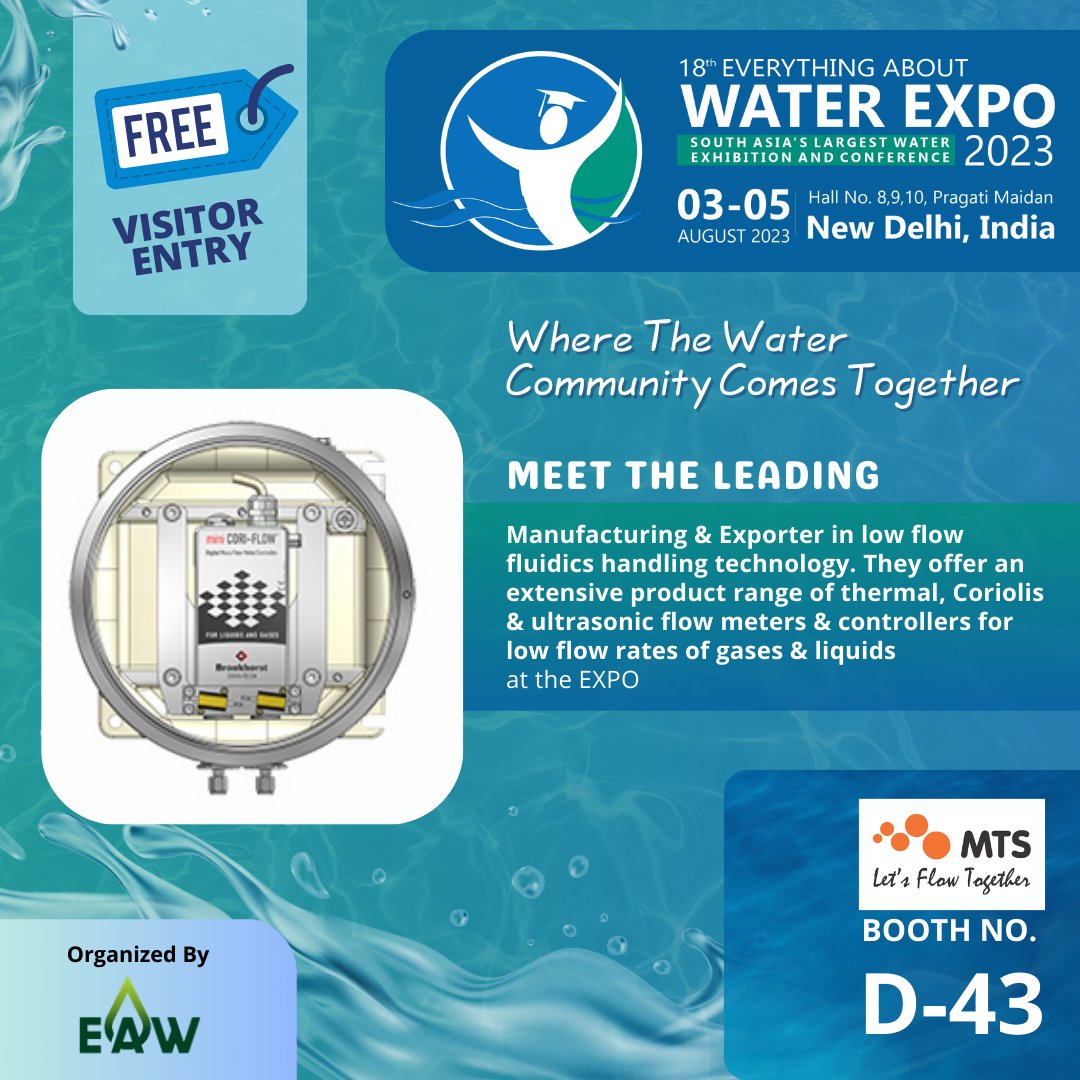 ea_water's tweet photo. Meet the leading manufacturers &amp; exporters in low-flow fluidics handling technology. They offer an extensive product range of thermal, Coriolis &amp; ultrasonic flow meters &amp; controllers for low flow rates of gases &amp; liquids at the EXPO 2023.
Visit booth No. D-43 to Meet MTS. https://t.co/dc4sVP1PJ8