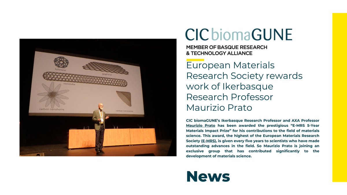 European Materials Research Society rewards work of <a href="/Ikerbasque/">Ikerbasque</a>  Research Professor Maurizio Prato

👉cicbiomagune.es/news/european-…

<a href="/brta_eus/">BRTA - Basque Research and Technology Alliance</a> <a href="/LabCarbon/">Carbon Bionanotechnology Lab</a> #cicbiomagunenews