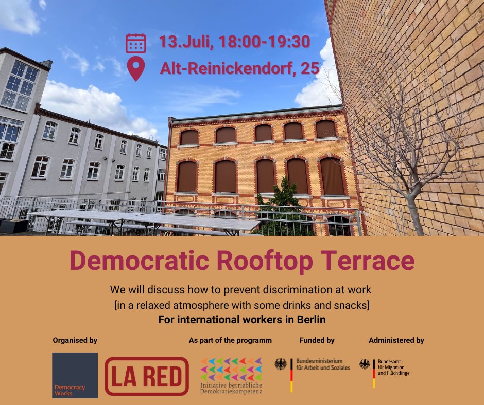Este jueves, 18 a 19:30 h, nos juntamos al calor de nuestra azotea, para hablar de cómo prevenir la discriminación laboral en Alemania. Lo hacemos en inglés, para llegar a más migrantes, pero el español como segundo idioma. 
Regístrate en 10 segundos aquí👉bit.ly/3NHcj1V
