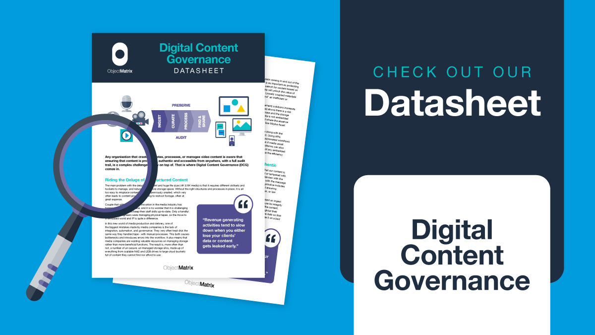 Object_Matrix's tweet image. Did you know that Digital Content Governance allows you to protect, curate, share, distribute and audit your content?
If you're not familiar, not to worry! We've put together a handy datasheet with some key facts and our recommendations👇
bit.ly/3CZgNMu