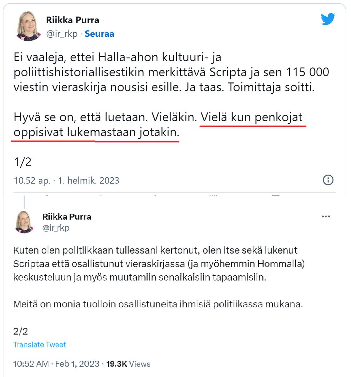 panuraatikainen's tweet image. Näin kepeästi VMi, pj. #RiikkaPurra @ir_rkp kommentoi 1.2.2023 Twitterissä #Media:n kysymystä, onko hän #Scripta:n ras... ronskia maahanmuuttokriittistä kieltä käyttävä nimim. &quot;riikka&quot;:
#Hallitus #Persut #Rasismi #Äärioikeisto  1/2