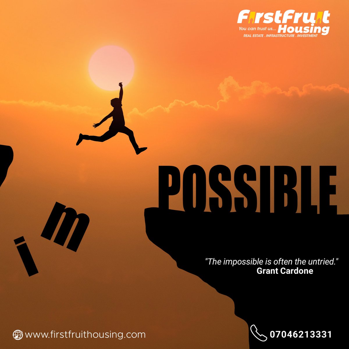 Firstfruitltd's tweet photo. In every 'impossible,' there lies an opportunity waiting to be seized. It may require hard work, sacrifice, and a willingness to push beyond your comfort zone.

07042613331
https://t.co/ZWsPlgKJEW

#ABUJAMondayMotivation #RealEstateInspiration #PropertyPossibilities https://t.co/YbVN5oJDtv