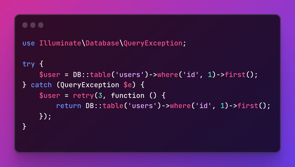 4brmjh's tweet image. Automatically retry failed database queries a specified number of times.
#Laravel #PHP #DatabaseQueries