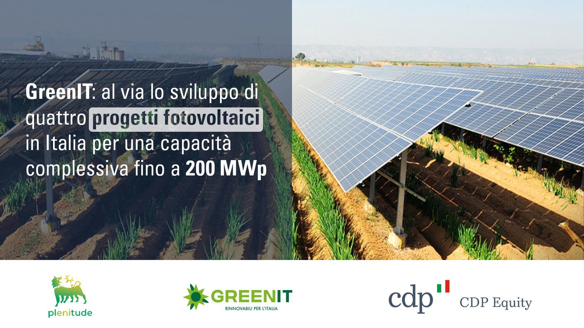 GruppoCDP's tweet photo. 🌿 Prosegue il percorso di consolidamento sul mercato di #GreenIT, la joint venture tra #CDPEquity e Plenitude, con 4 nuovi progetti per progetti fotovoltaici in #Puglia, #Sicilia e #Lazio per una capacità complessiva fino a 200 MW.
➡️ https://t.co/bzaB8A7WZh https://t.co/jht9k3wfCz