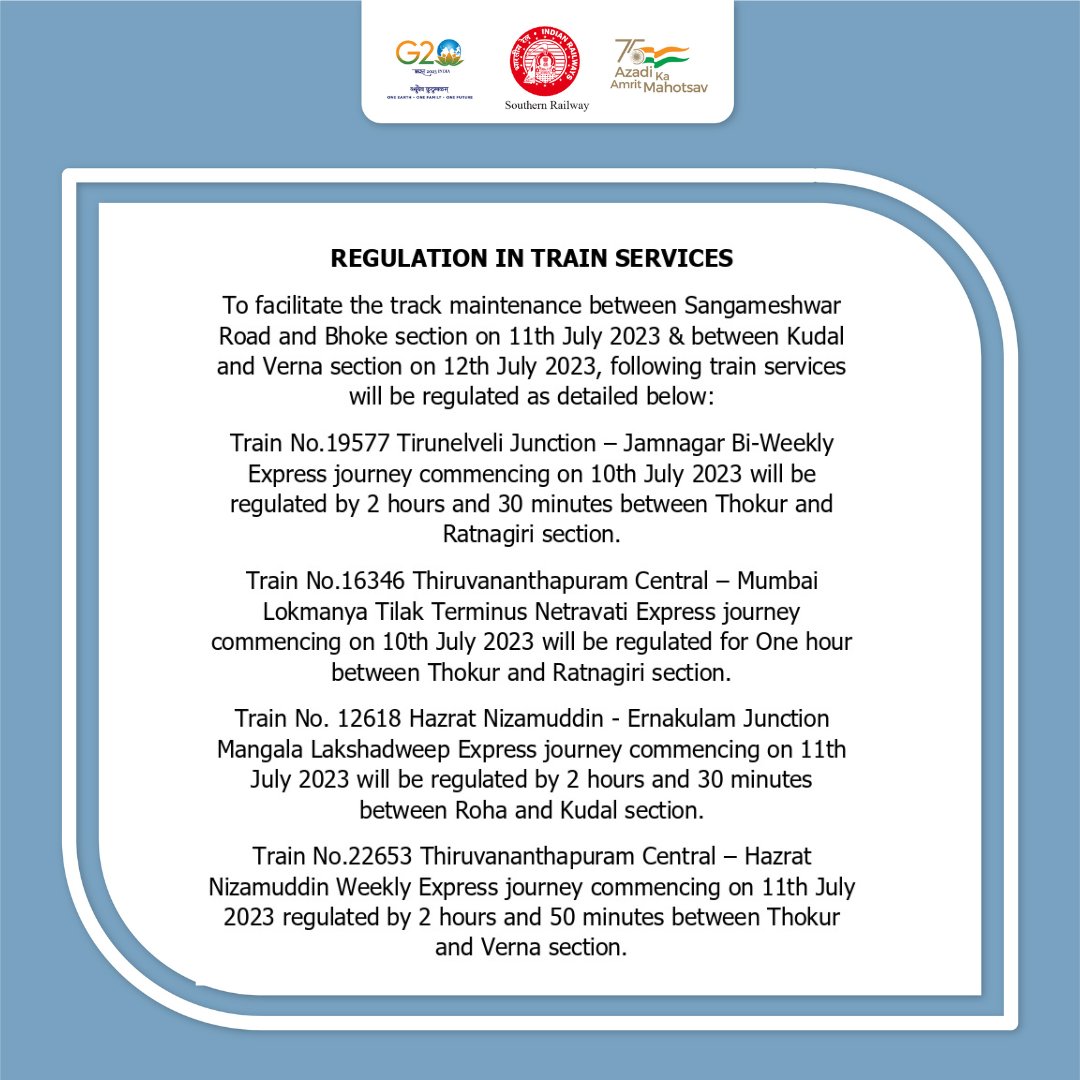 DRMPalghat's tweet photo. Passenger Alert!
The following train services will be regulated to facilitate the track maintenance work in Konkan route.
Stay informed to plan your journey accordingly.
#DRMPalghat #Trainupdates #Trainservices #Railalerts
@RailMinIndia @GMSRailway https://t.co/eSkIoLgtEz