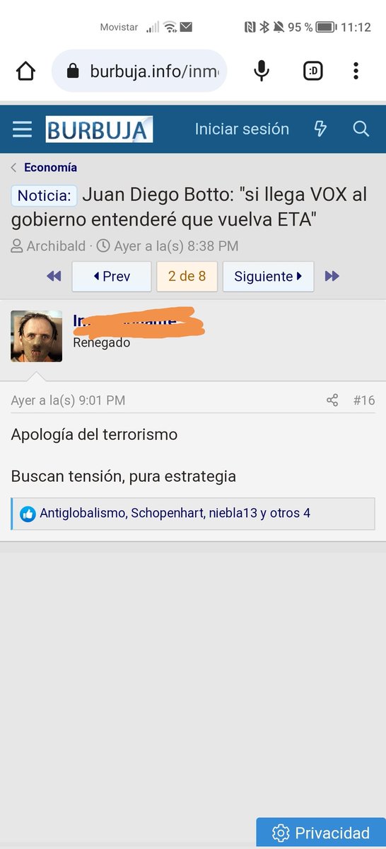 Me mandan esta captura de un foro en el que se me atribuye  una frase que obviamente jamás he dicho, ni se me pasaría por la cabeza siquiera pensar. Así funciona la extrema derecha; mienten y alimentan su odio sobre falsedades.