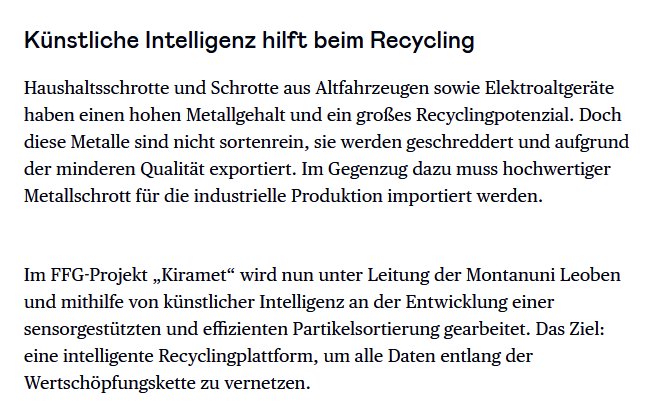t_nigl's tweet photo. "Künstliche Intelligenz hilft beim #Recycling"
Neues Projekt #kiramet am #AVAW der @unileoben.
Die @DiePressecom-Klimanews der Woche u.a. mit "Gezüchtete Meeresalgen speichern Kohlendioxid und bebaute Flächen treiben Emissionen in die Höhe" @BOKUvienna https://t.co/AZC42v70Q1 https://t.co/Zw6eNf4HUN