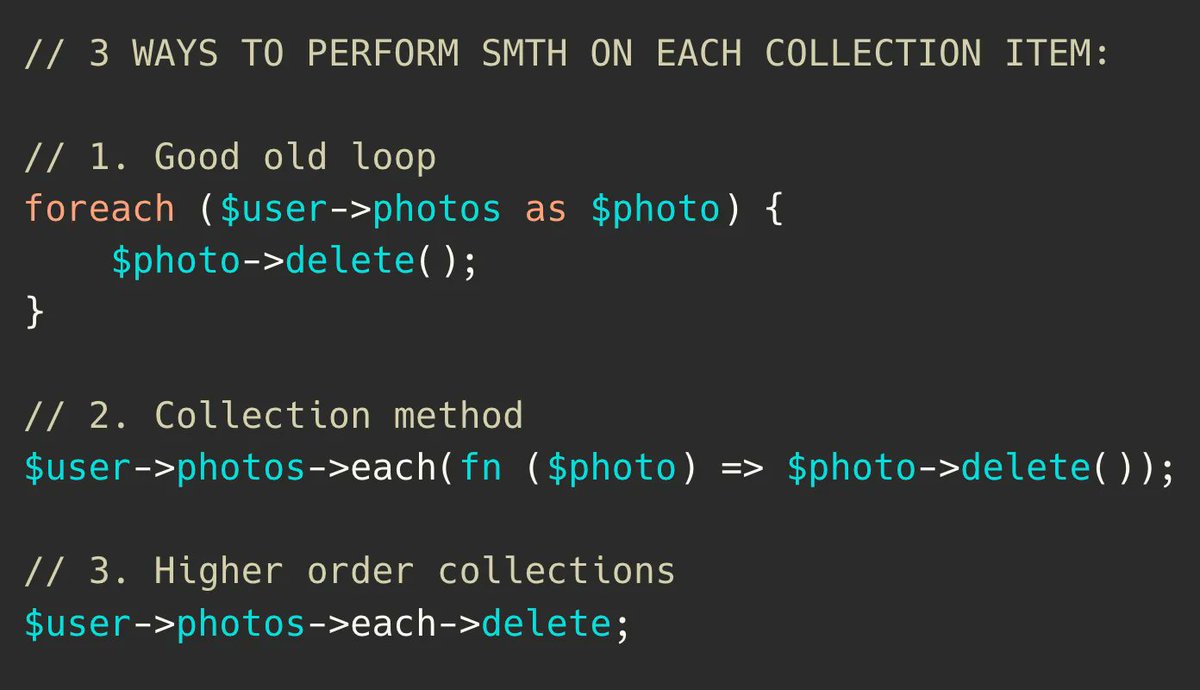 PovilasKorop's tweet image. Laravel tip. If you want to loop through the collection items and perform some operations, there are longer and shorter ways.