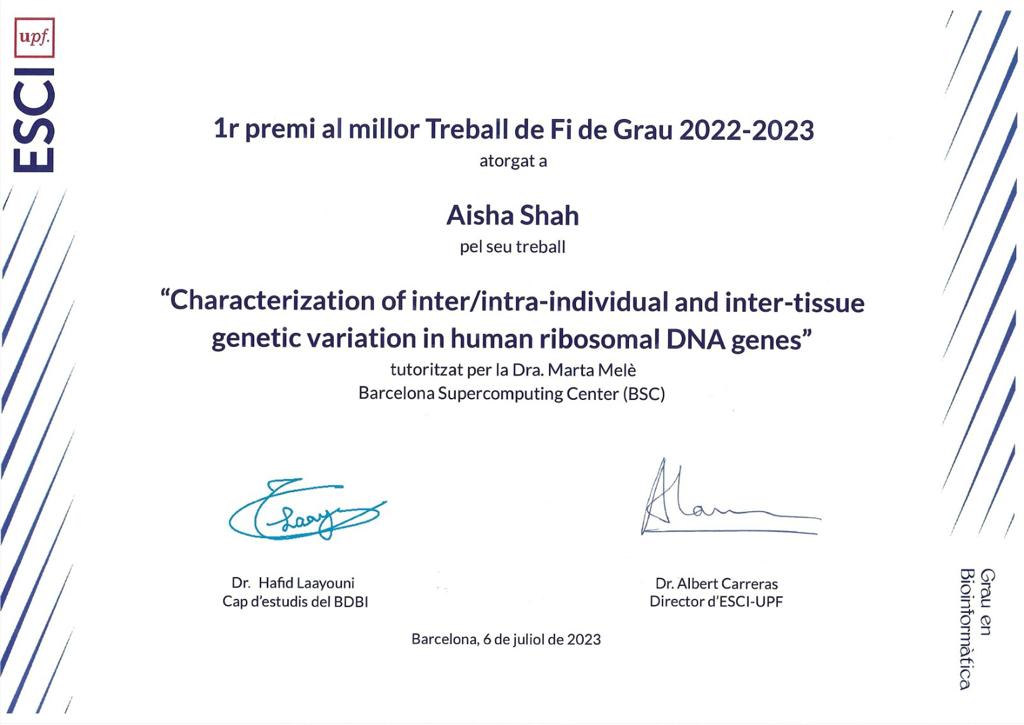 Extremely proud of @Aisha_Shah_, an undergraduate student in our lab, for winning the best thesis prize from the Bioinformatics degree for her outstanding work characterizing genetic variation in human ribosomal genes. So well-deserved!! @ESCIupf
