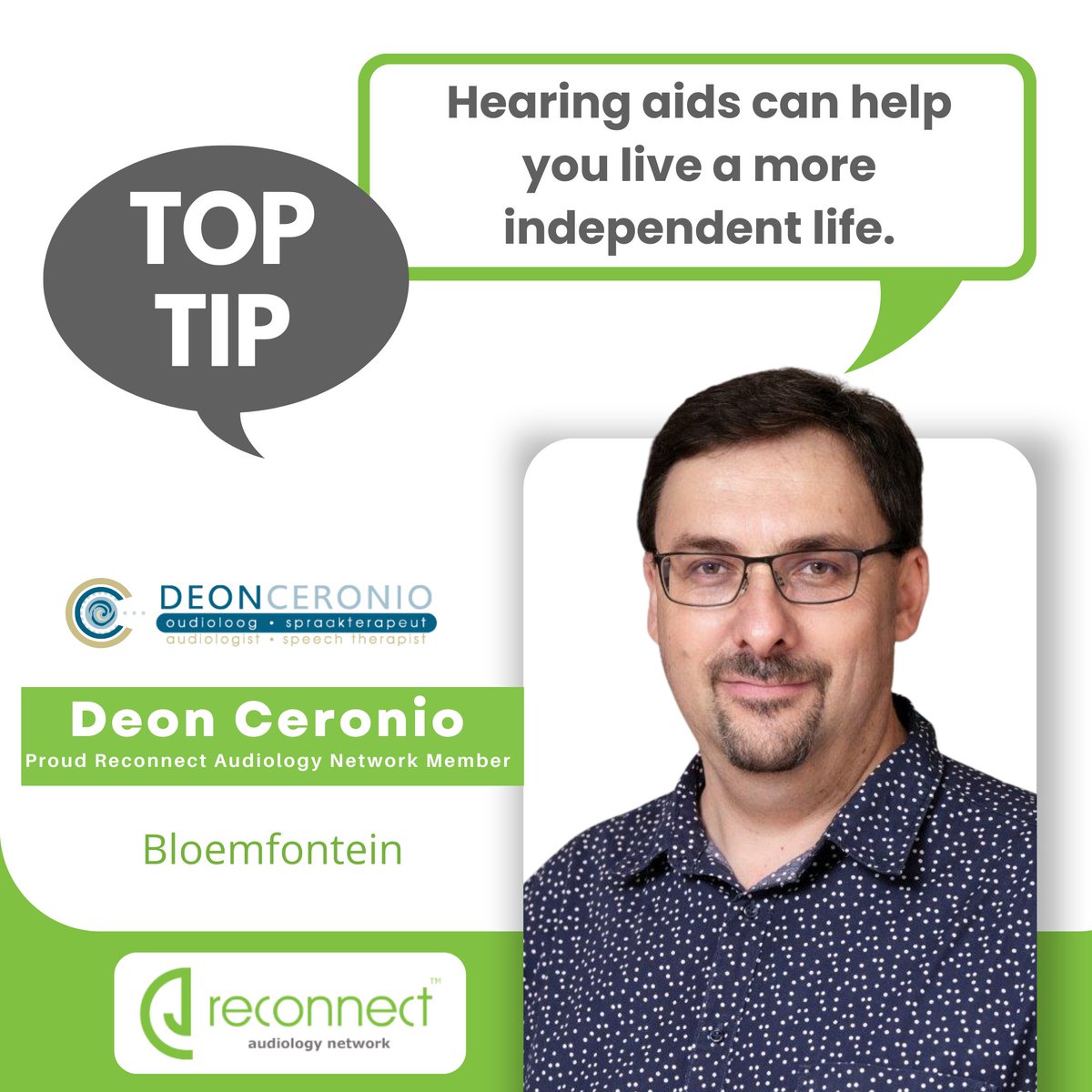 Today #Audiologist in #IndependentPractice Deon Ceronio from Deon Ceronio Hearing Centre shares a tip about your hearing health.

Hearing aids can help you live a more independent life.

You can contact Deon Ceronio here 📲 051 447 4070