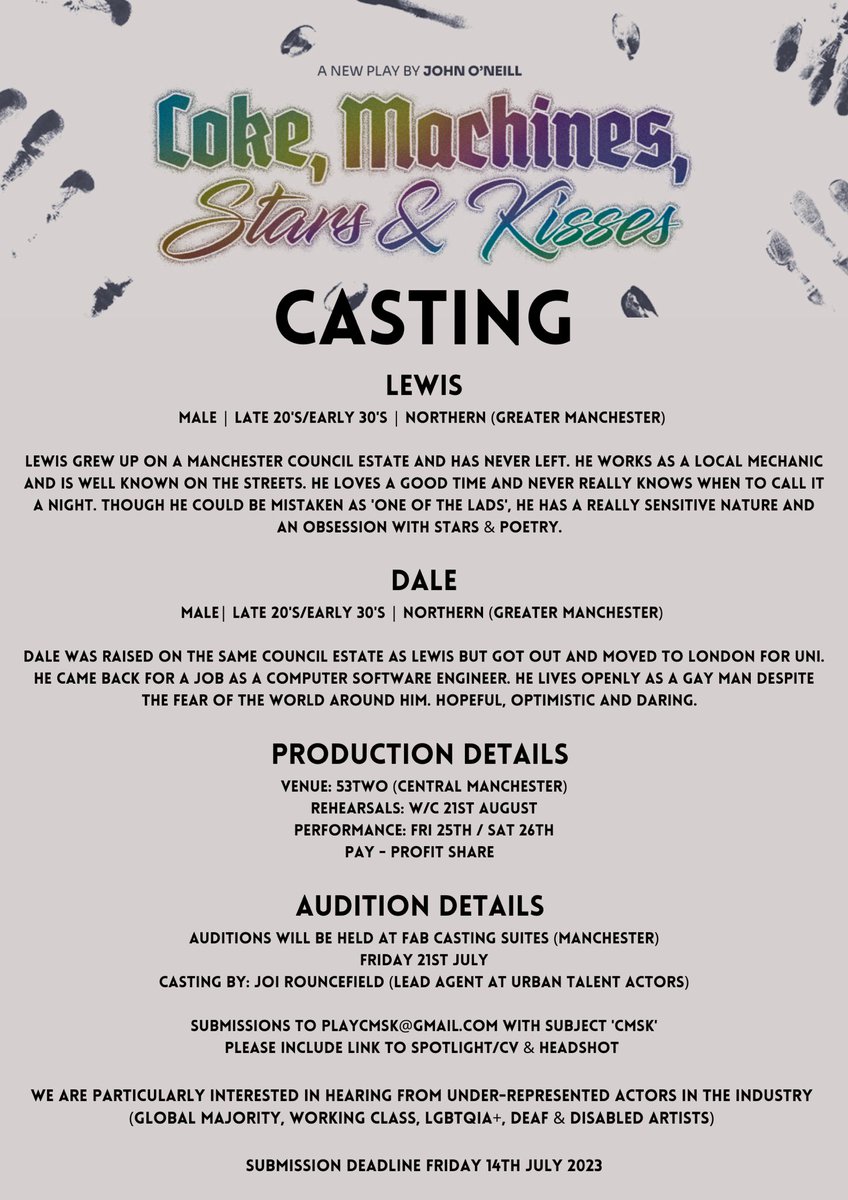 🚨CASTING🚨 Casting actors for my new play, ‘Coke, Machines, Stars & Kisses’ this August at @53two Casting in Manchester by @JoiRouncefield Any questions, drop me a DM. Please RT & share with anyone who might be interested. 👊🏼❤️ #newwriting #manchester All info here ⬇️