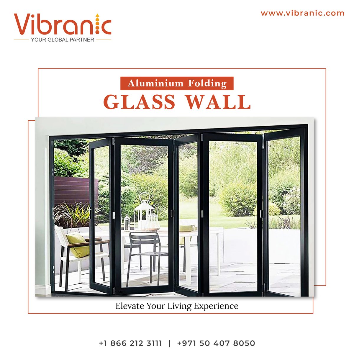 Crafted with meticulous attention to detail, our Aluminium Folding Glass Wall combines form and function, seamlessly integrating indoor and outdoor environments. 

For more details, please reach us at mail@vibranic.com or call us at +1 866 212 3111, +971 504078050

#Vibranic