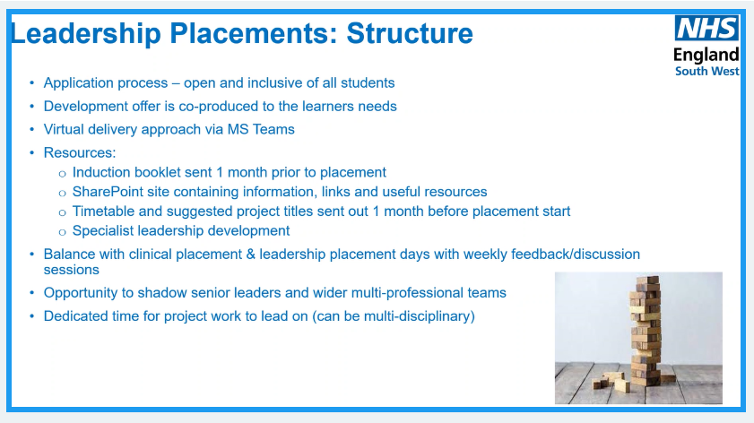 carrie_biddle's tweet photo. @Andrea_Morgan2 @LucyDuncombe2 sharing our @NHSHEE_SWest leadership placement offer which is #coproduced with the students to meet their learning objectives #SWLeadershipPlacements https://t.co/SCo8gmxDGC