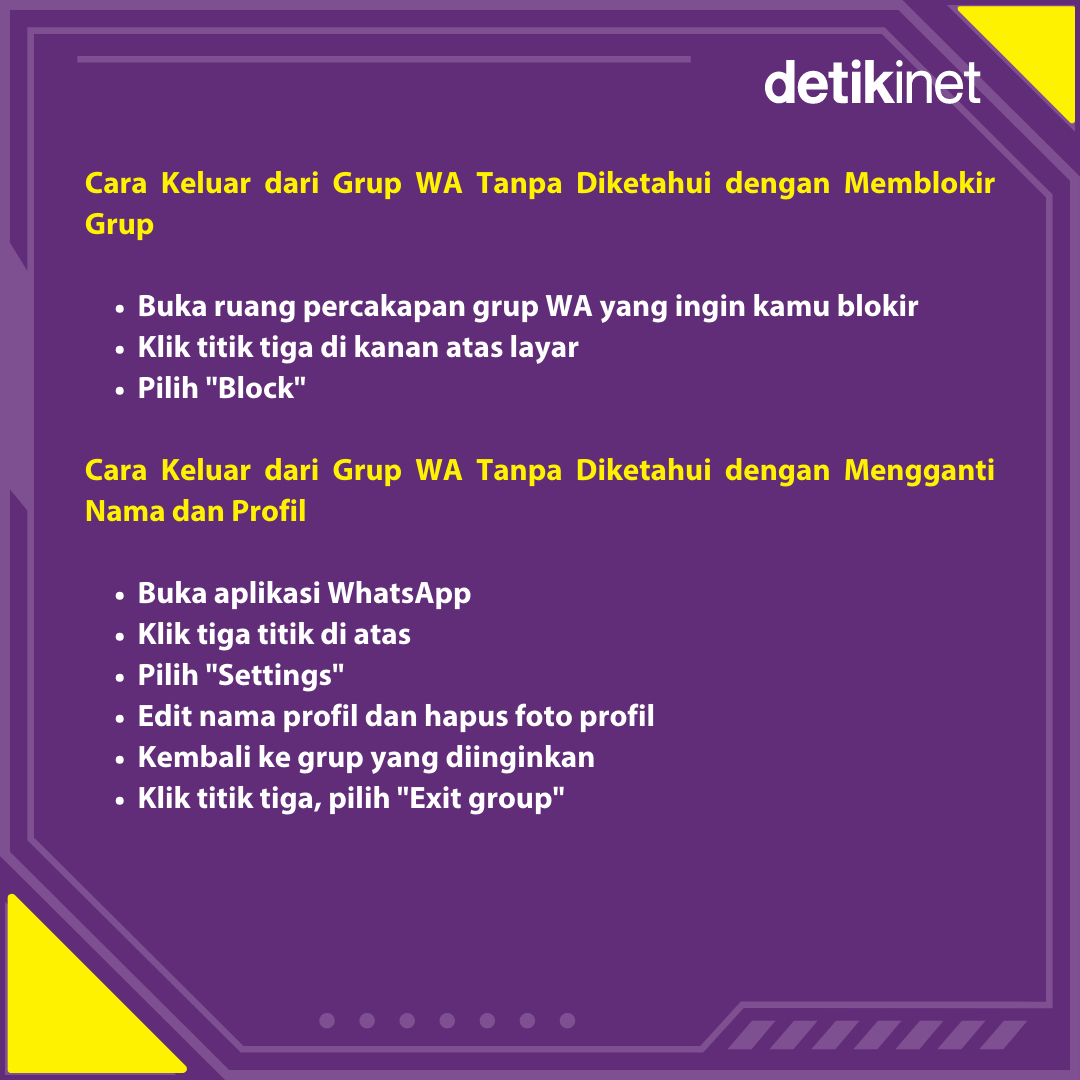 detikinet's tweet photo. Grup WhatsApp nggak selalu menyenangkan. Terkadang, ada sejumlah grup WA yang membuatmu tidak nyaman baik karena topik pembicaraannya maupun anggota grupnya.β£
β£
>> https://t.co/OopQScHIWi
Nah, berikut cara keluar dari grup WA!
#WhatsApp #Grup #WA #GrupWhatsApp #GrupWA #Tips https://t.co/ToTitHs0z5