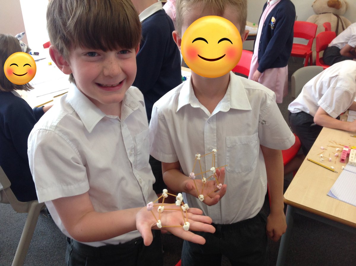 SPMVPine's tweet photo. Building 3D shapes with spaghetti and marshmallows today in Maths! It was trickier than it looked to get all the spaghetti edges the correct length and attach our marshmallow vertices but we persevered and managed to make a few different shapes! https://t.co/Mjg1f3L2oA