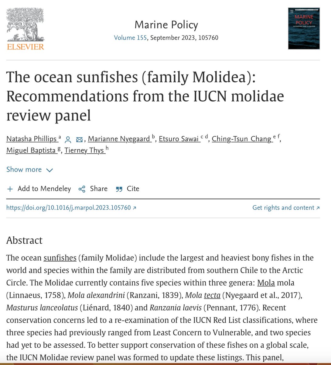 Delighted to share my new #sunfish paper🥳'The Ocean Sunfishes (family Molidea): Recommendations from the IUCN Molidae Review Panel' published in @PolicyMarine with our fab IUCN team🙌
Available free for 50 days, please share! authors.elsevier.com/a/1hNby,714Mqz… #365DaysWild #TeamFish #Mola