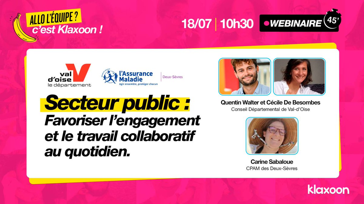 📢 WEBINAIRE [J-8] 📅 18/07 de 10H30 à 11h15 Rejoignez-nous le 18 juillet prochain à l’occasion d'un webinaire dédié aux acteurs du secteur public, co-animé avec nos clients Département du Val d'Oise et CPAM des Deux-Sèvres ! Inscrivez-vous ici 👉klax.co/3O4kfMm