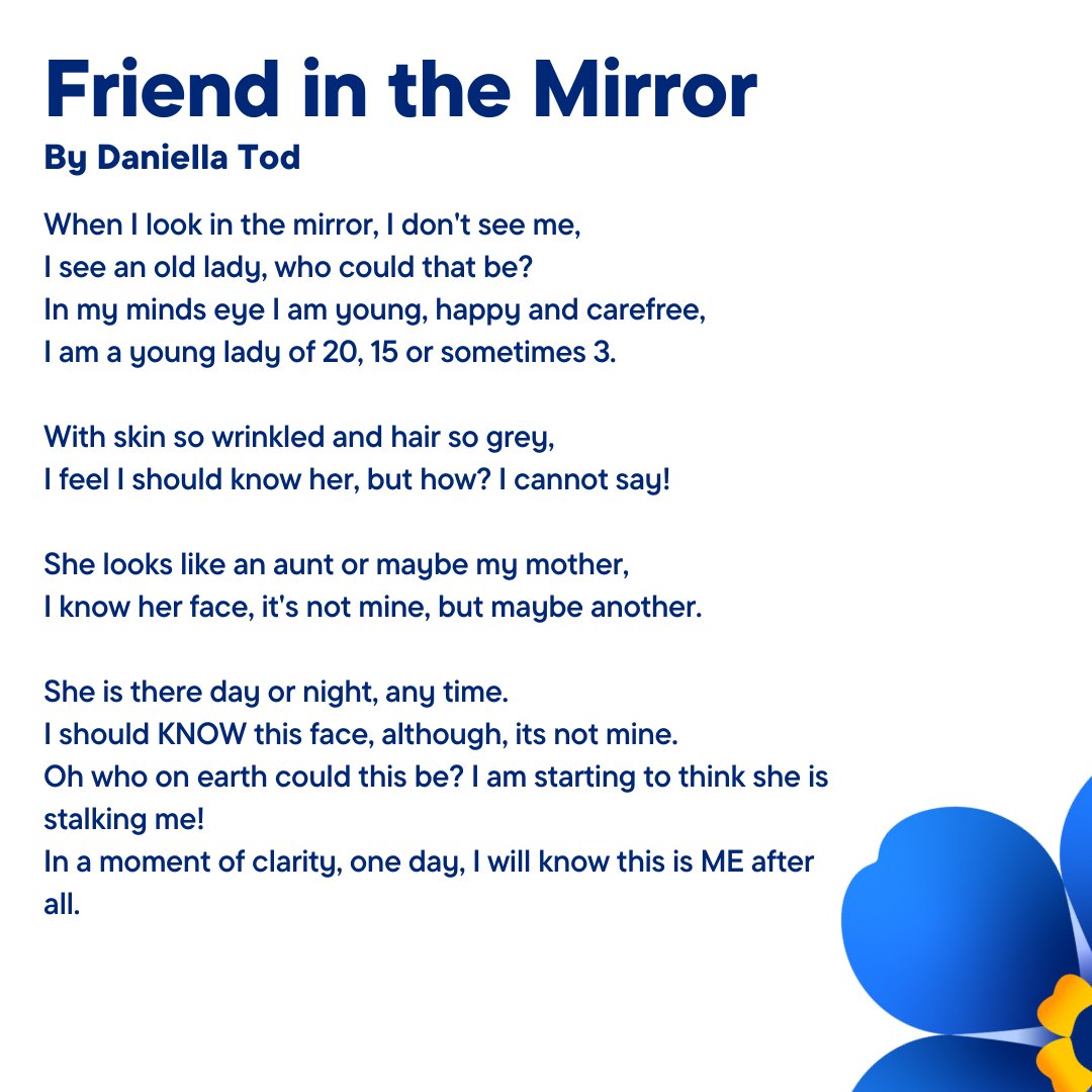 Daniella’s nan would spend hours in the bathroom, chatting and laughing with the woman in the mirror. She wrote this poem about her nan’s friend.

Thank you for sharing Daniella. 💙