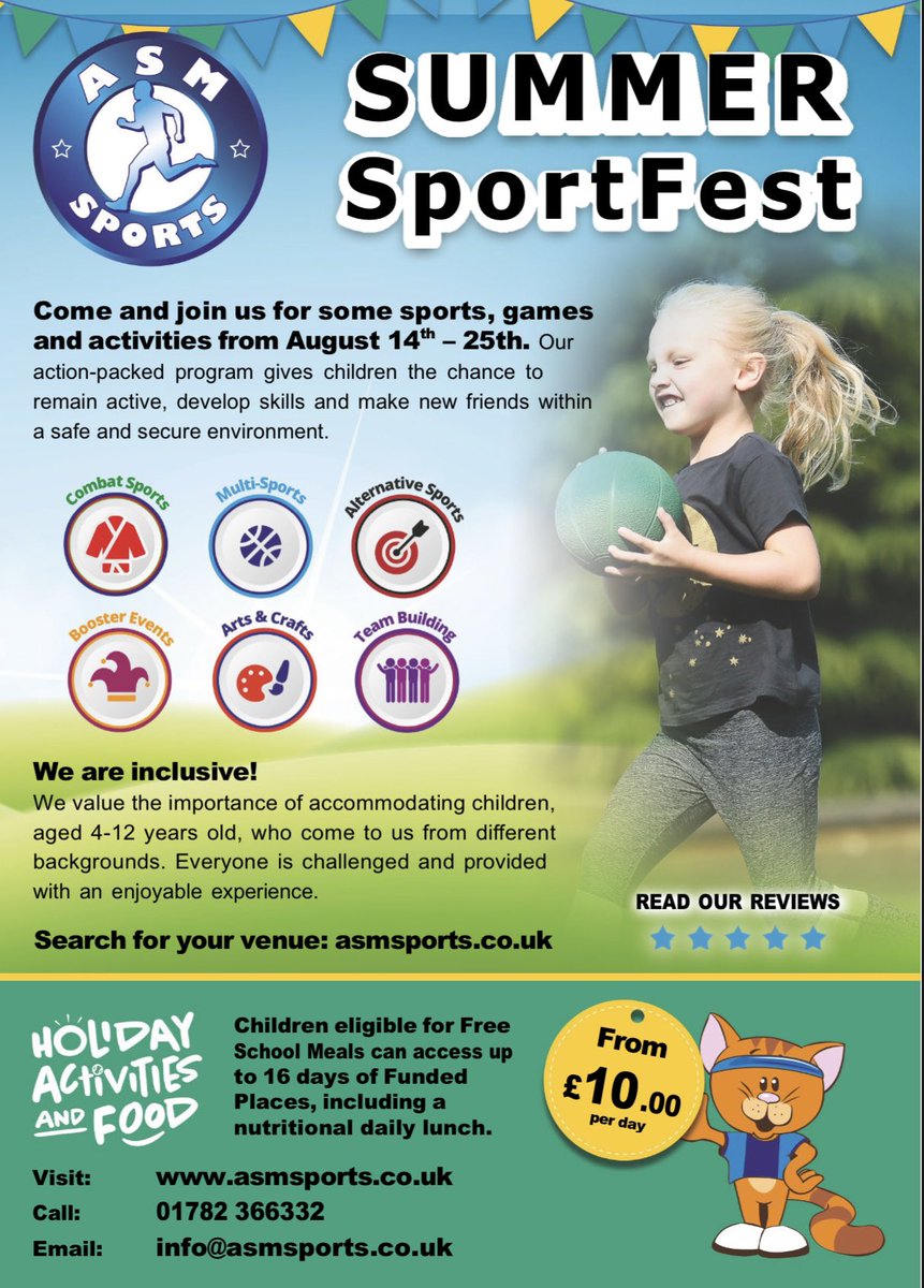 🏃 ASM Summer SportFest 🏃‍♀️

We are hosting a SportFest in school over the summer holidays. Please see below flyer for more details.

This is open to all children in the area.