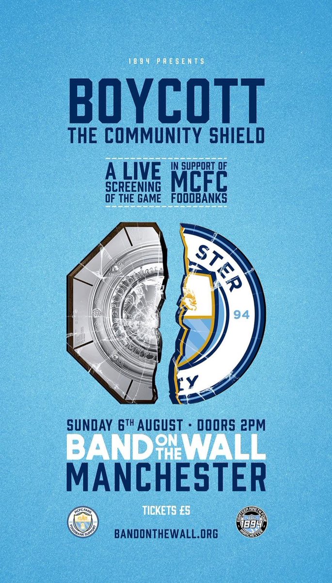 Our fundraiser for <a href="/MCFCfoodbank/">MCFC Fans Foodbank Support</a> very limited availability now, likely to sell out today. We’re encouraging people to bring tins/bags etc on the day bandonthewall.org/events/boycott