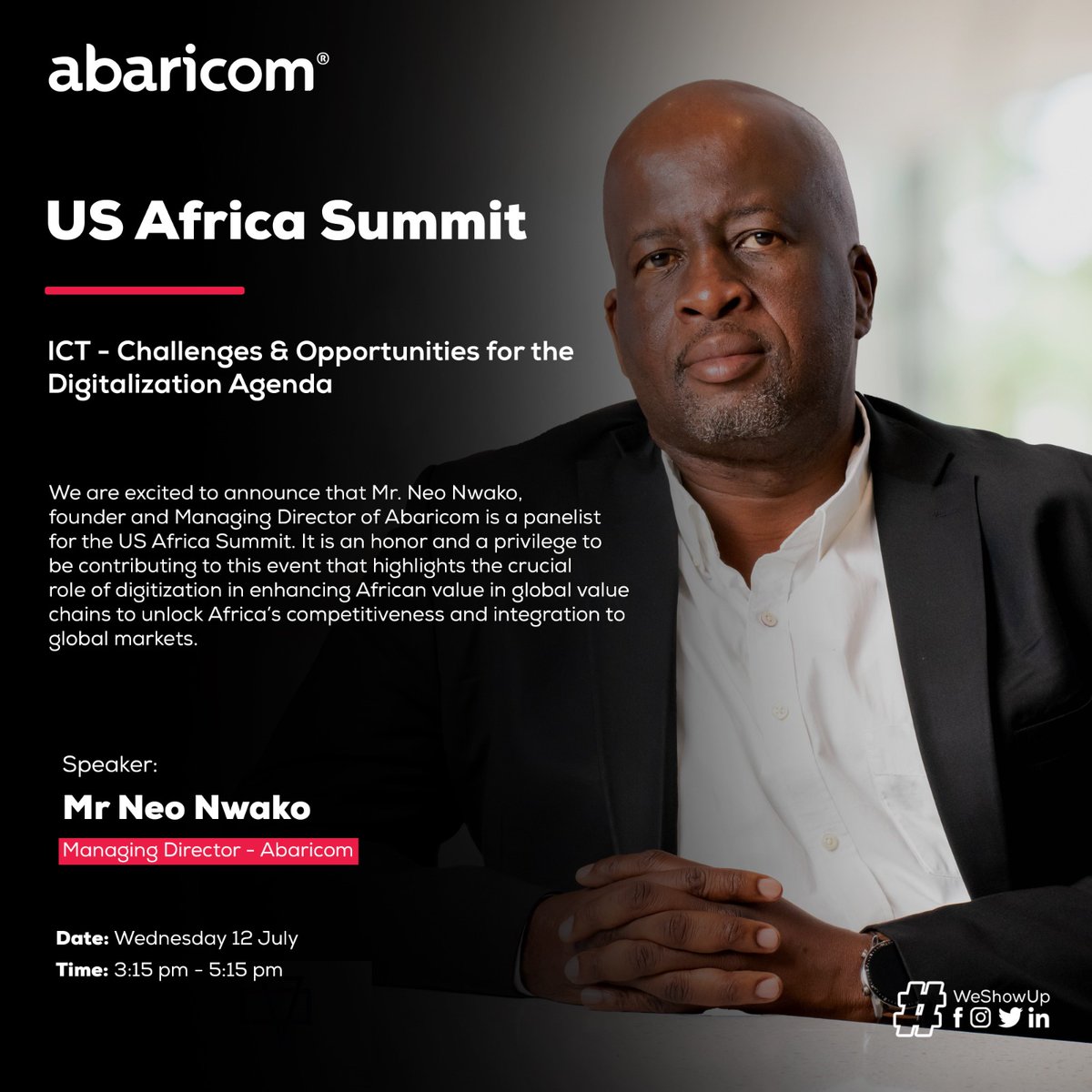 AbariCom_BW's tweet photo. We are excited to share that our Founder and Manager Director, Mr. Neo Nwako, will be part of the US Africa Summit event as a panelist in the discussion titled “ICT - Challenges & Opportunities for the Digitalization Agenda.
#USAfricaBizSummit
#USAfricaSummit
#Weshowup https://t.co/4m8YkkxxVy